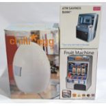 Chilli Egg Mini Cooler & Heater & Battery Operated Fruit Machine & ATM Savings Bank, a boxed group