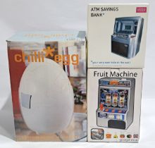 Chilli Egg Mini Cooler & Heater & Battery Operated Fruit Machine & ATM Savings Bank, a boxed group