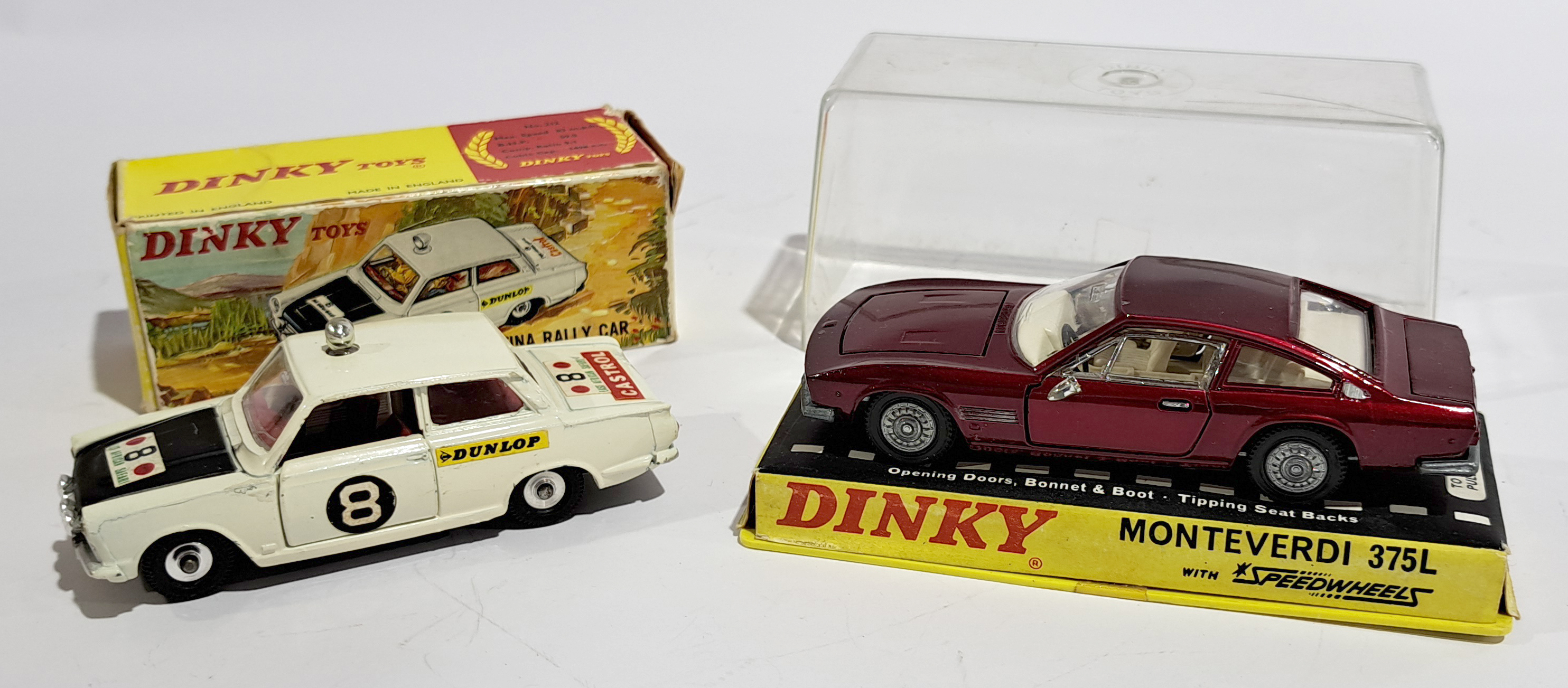 Dinky 212 Ford Cortina Rally Car & 190 Monteverdi 375L, a boxed pair