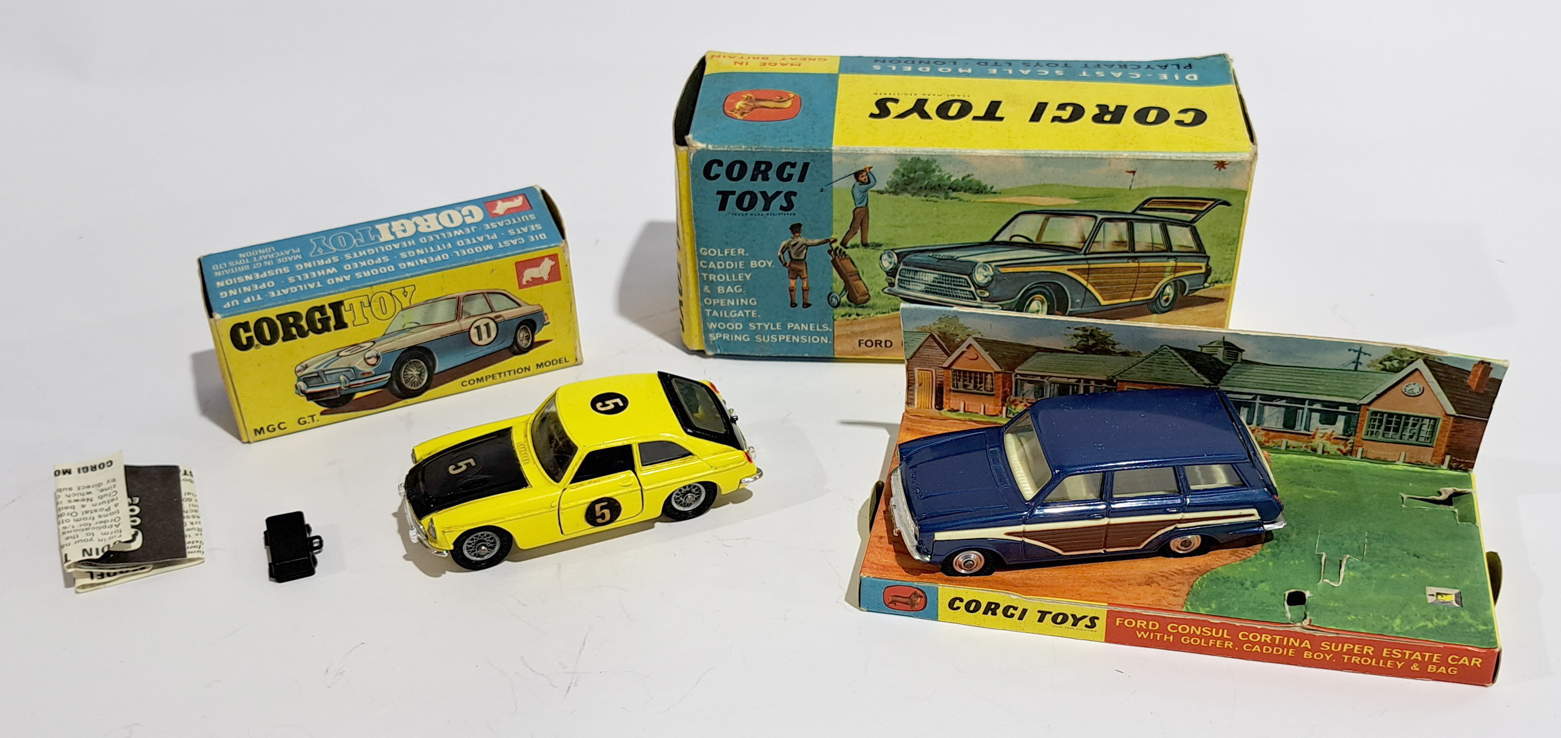 Corgi 345 MGC GT Yellow with Luggage Case & 440 Ford Consul Cortina Super Estate Car, Blue with w...