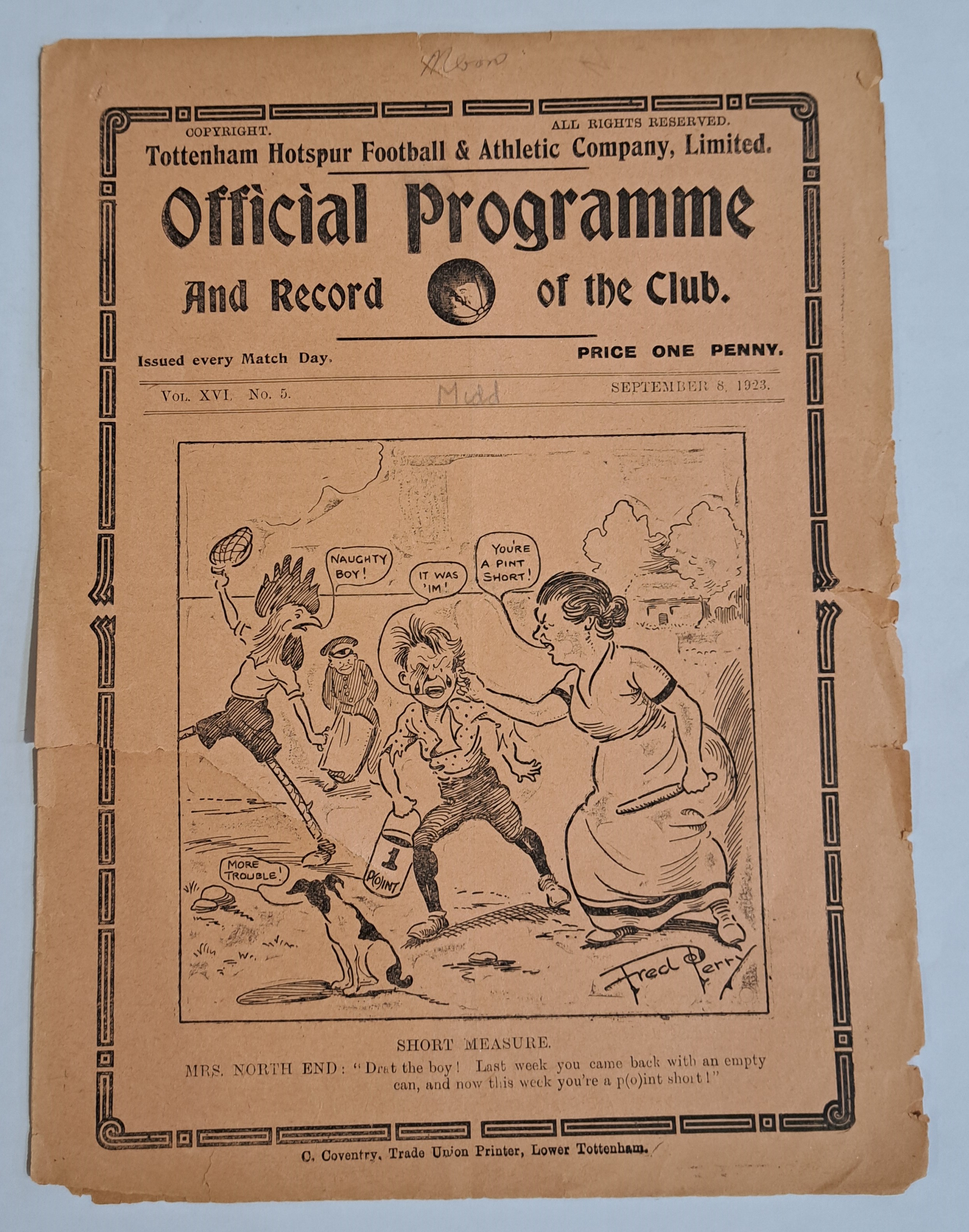 Tottenham Hotspur V Middlesbrough 1923 Pre-War (2nd World War) Football Programme