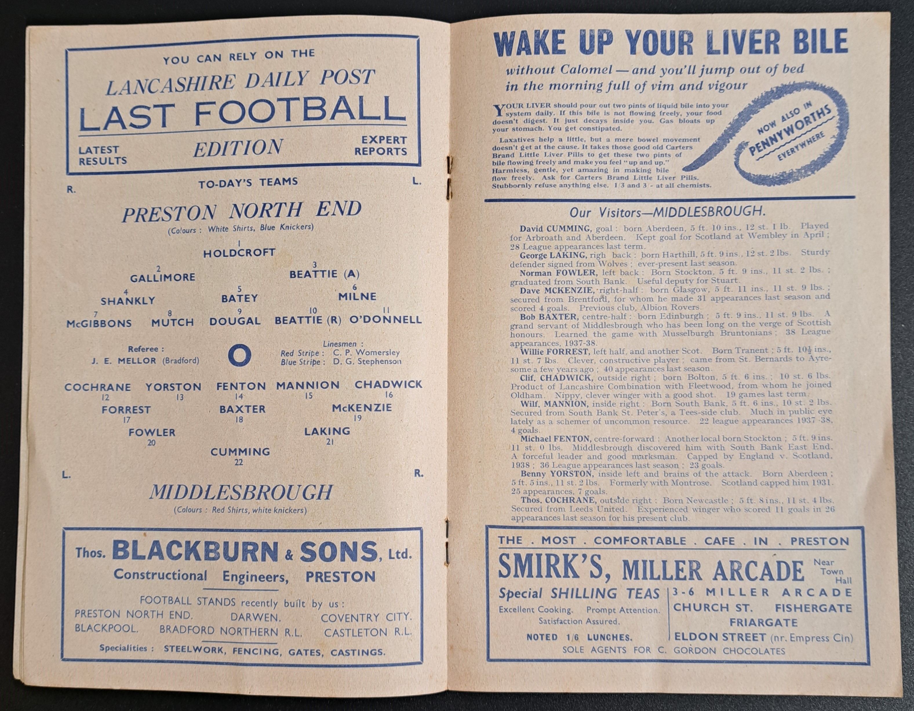 Preston North End V Middlesbrough 1938 Pre-War (2nd World War) Football Programme - Image 6 of 9