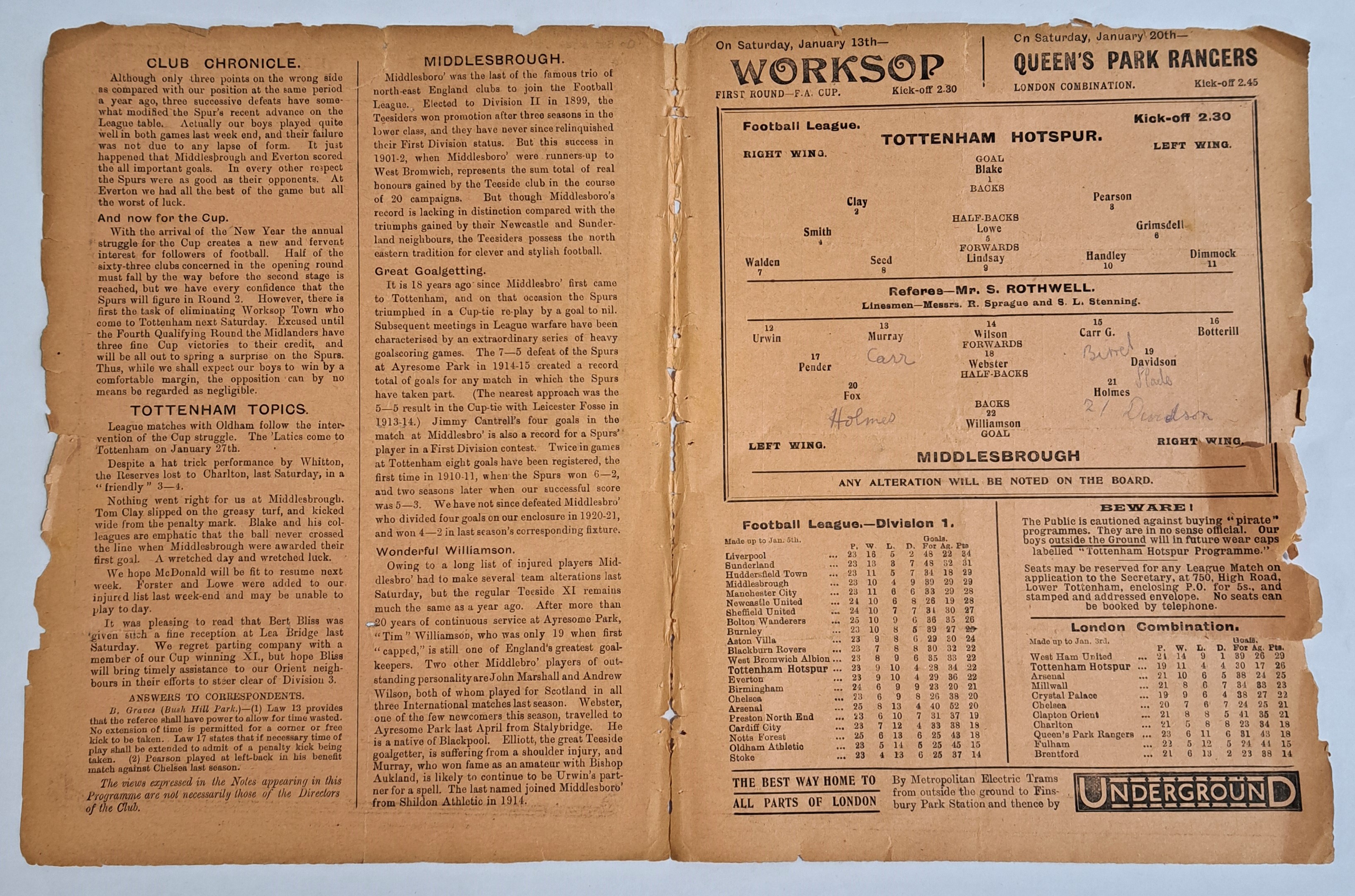Tottenham Hotspur V Middlesbrough 1923 Pre-War (2nd World War) Football Programme - Image 3 of 3