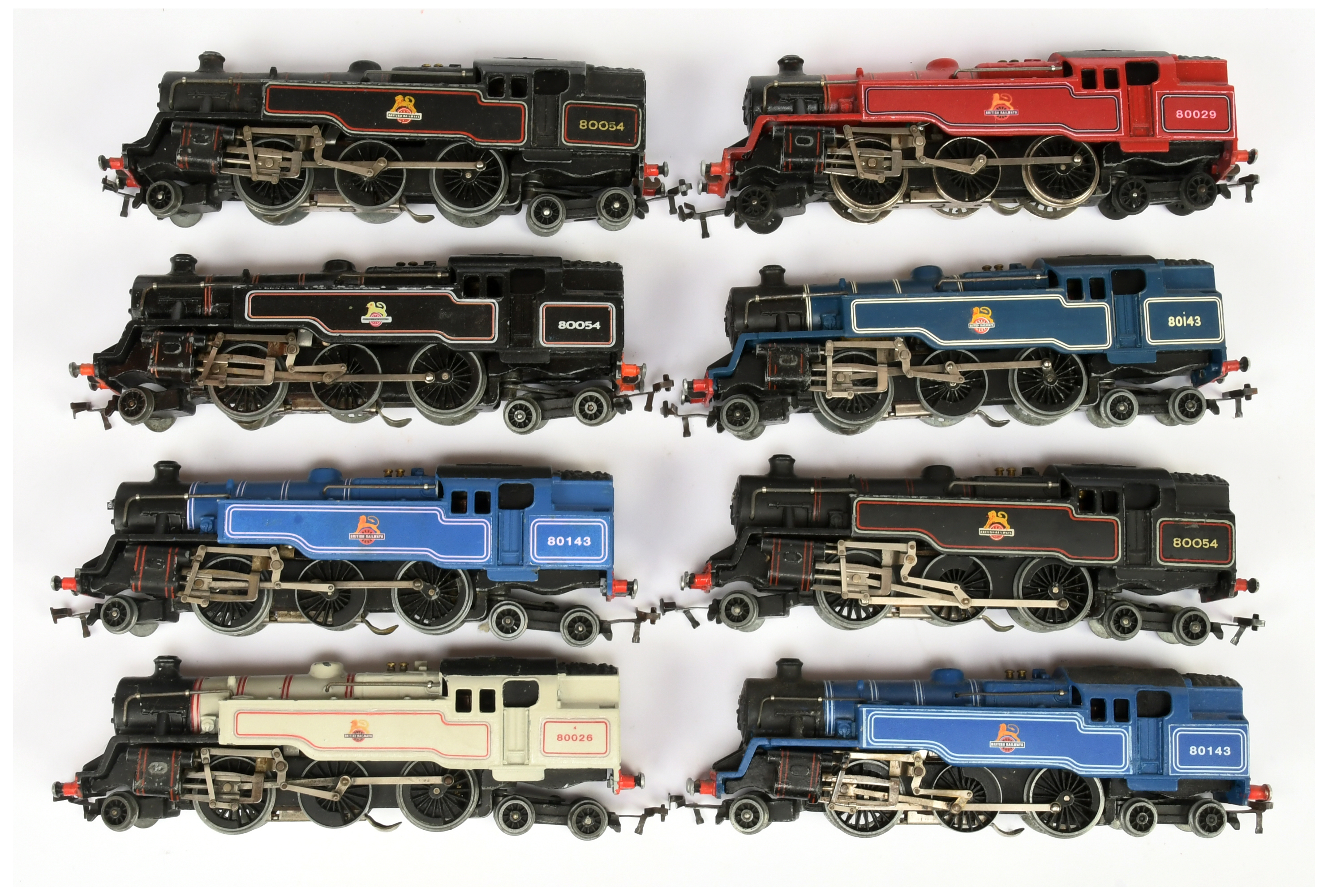 Hornby Dublo 3-rail group of mostly Repainted BR 2-6-4 Standard Class 4 Steam Tank Locomotives