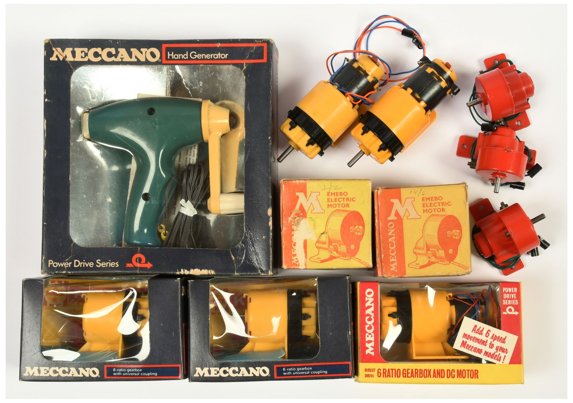 Meccano Group of boxed & unboxed motors & gearboxes.