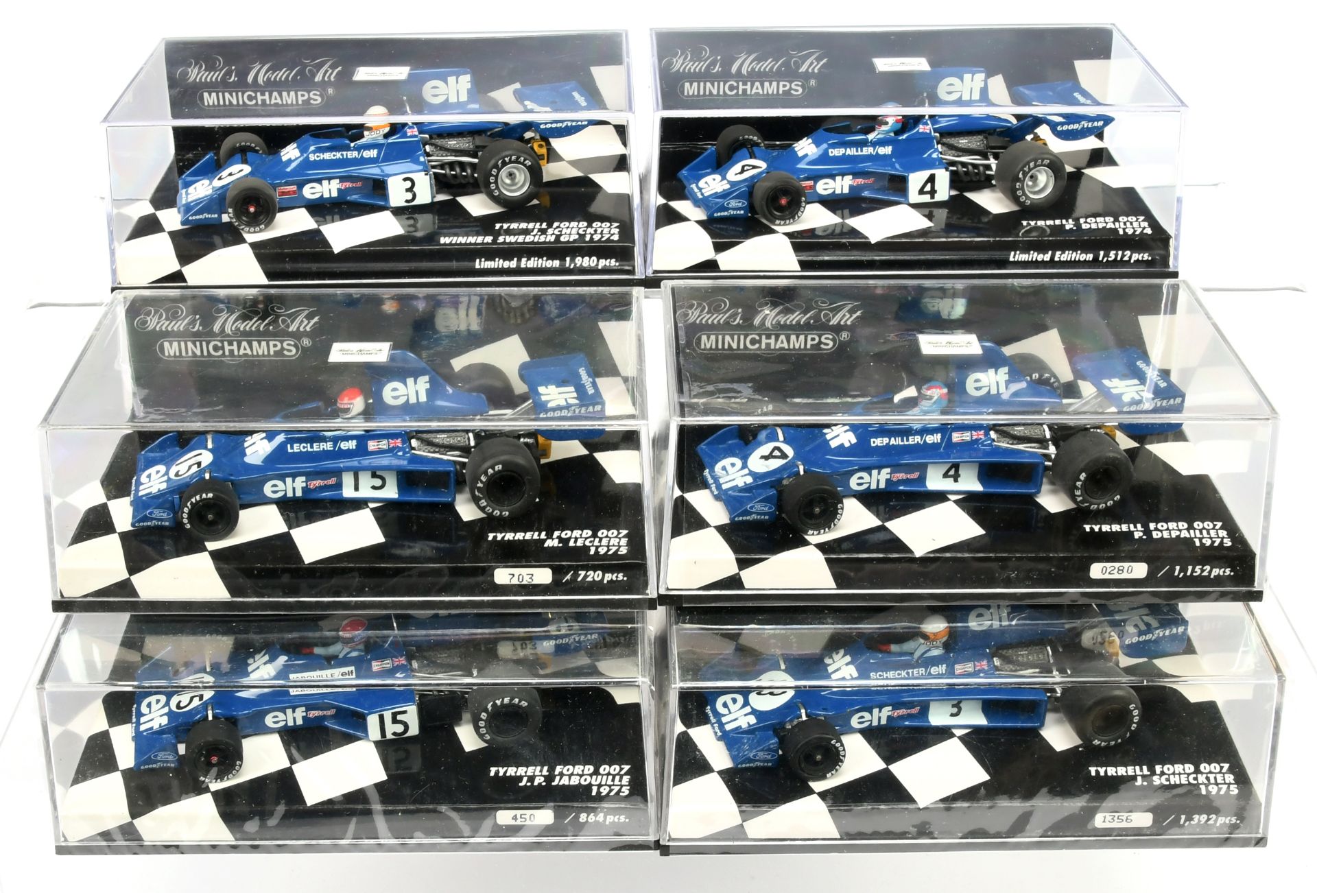 Minichamps group of racing cars to include Tyrrell Ford 007 J. Scheckter 