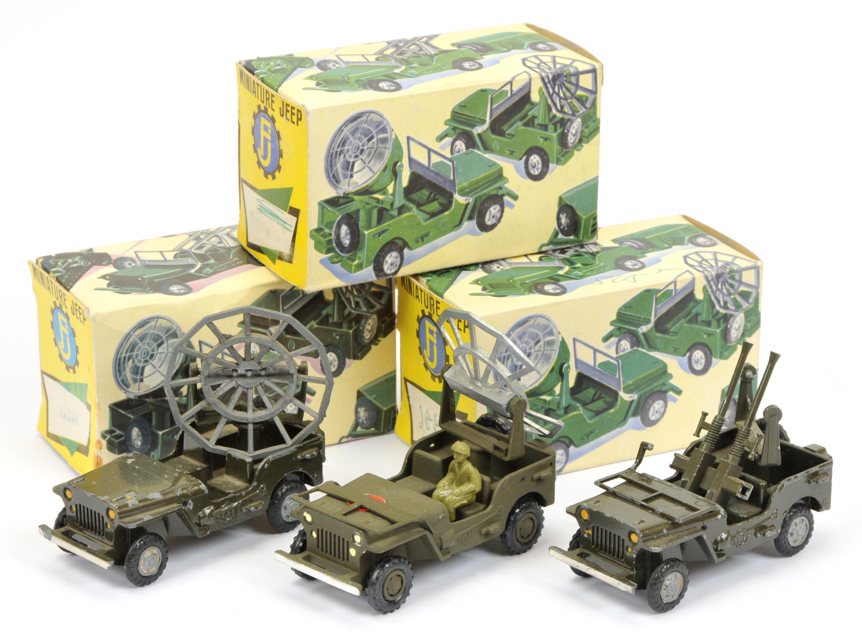 FJ Military a group of 3 Jeeps  - (1) Radar scanner - drab green- bonnet roundel, figure and whit...