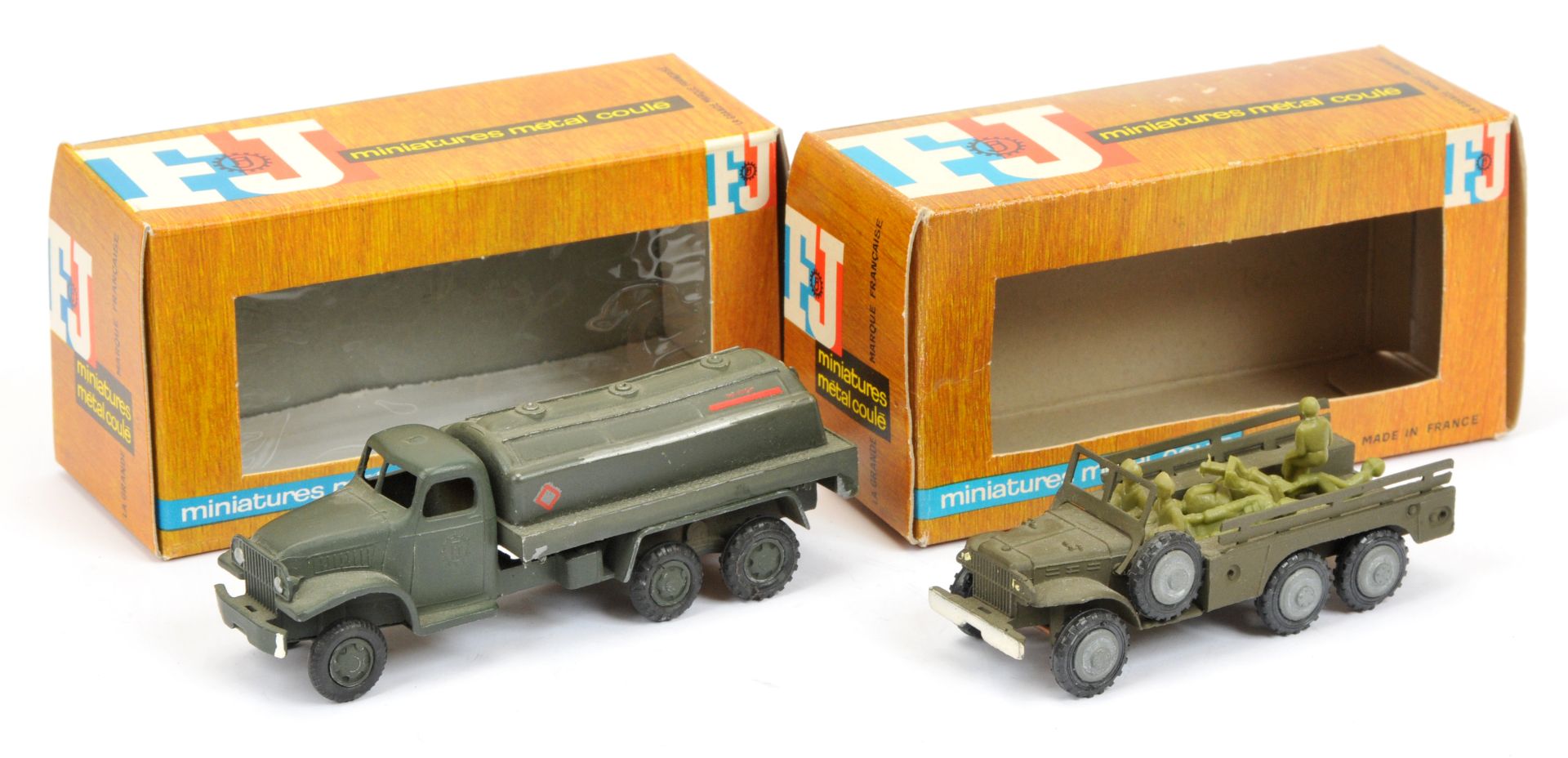 FJ Military a pair  - (1) Fuel tanker  - Drab green including hubs and (2) Troop transporte