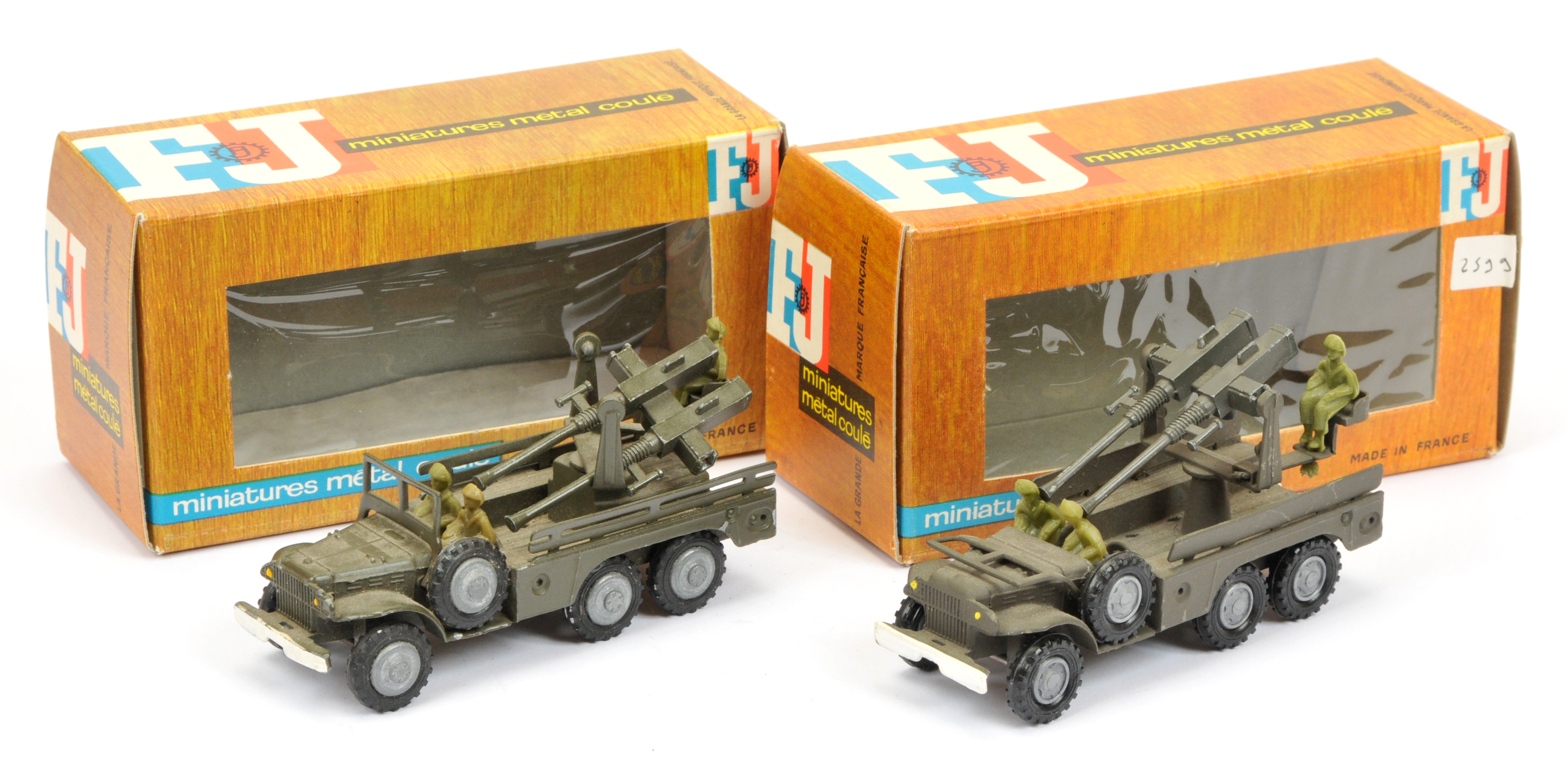 FJ Military a pair  - (1) with Anti-aircraft gun lorry - Drab green with silver hubs and (2) same...