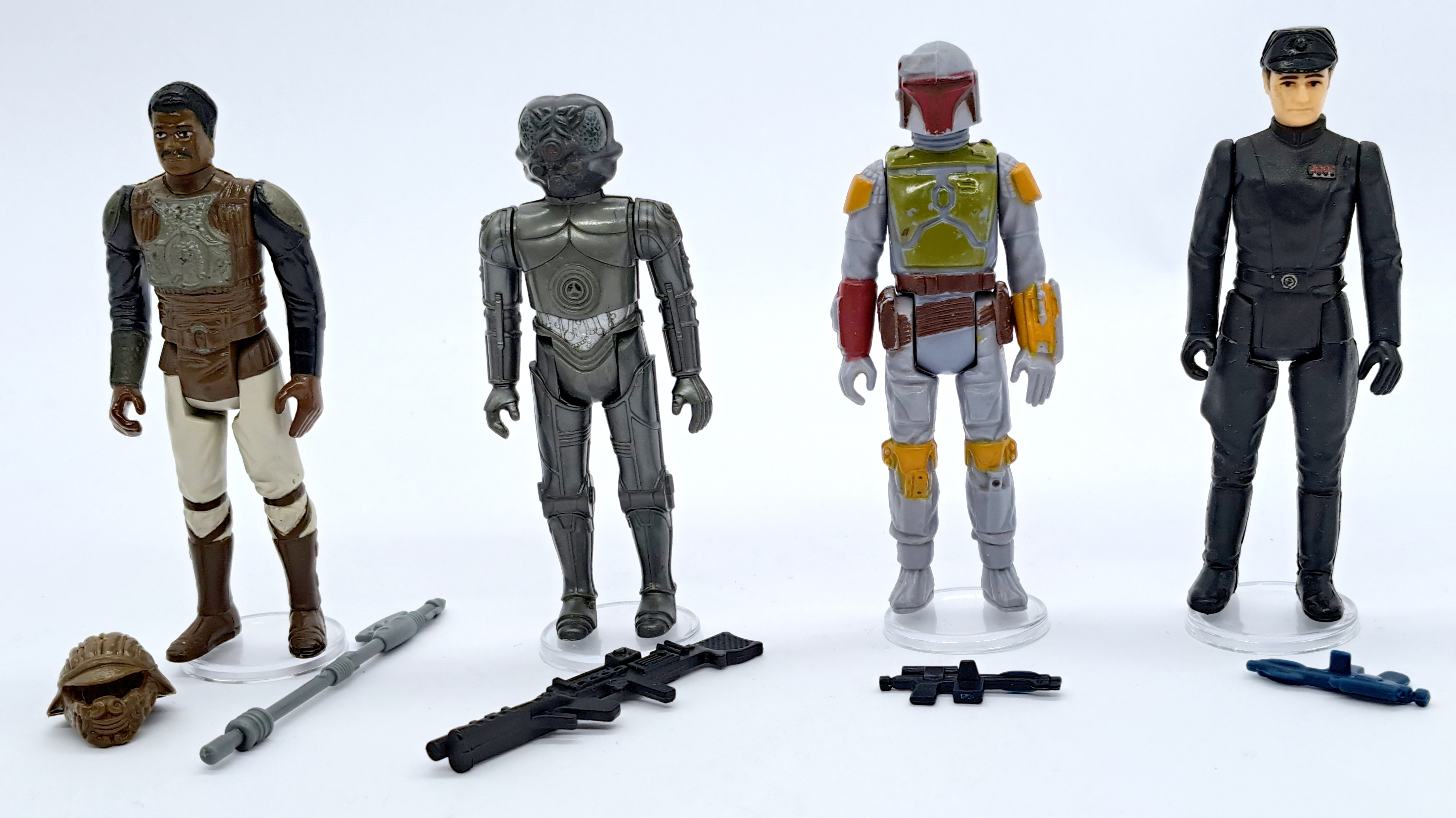 Kenner Star Wars Vintage figures Boba Fett, Imperial Commander, Lando Skiff, Zuckuss complete. Go...