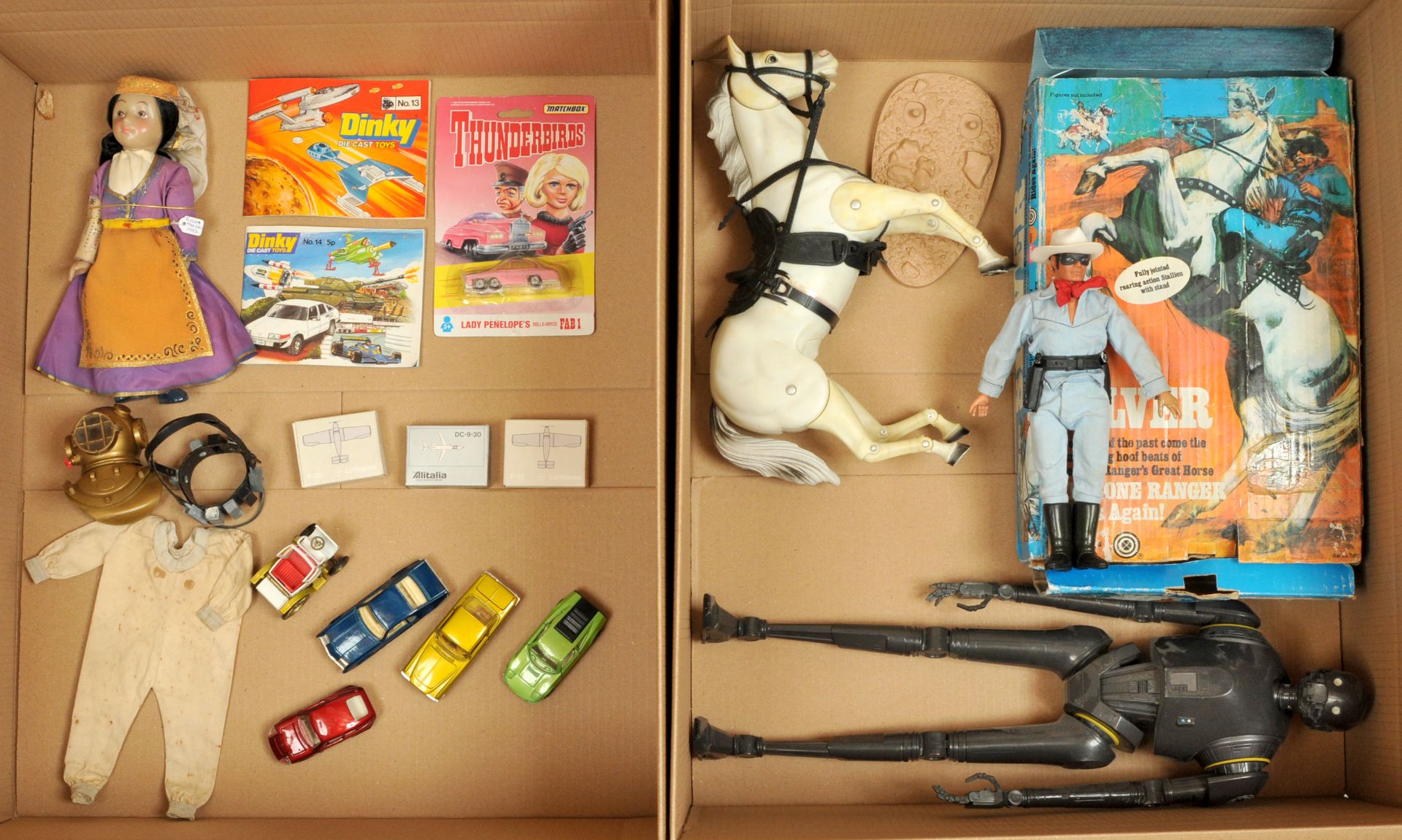 Vintage and more modern action figures and clothing, diecast, etc