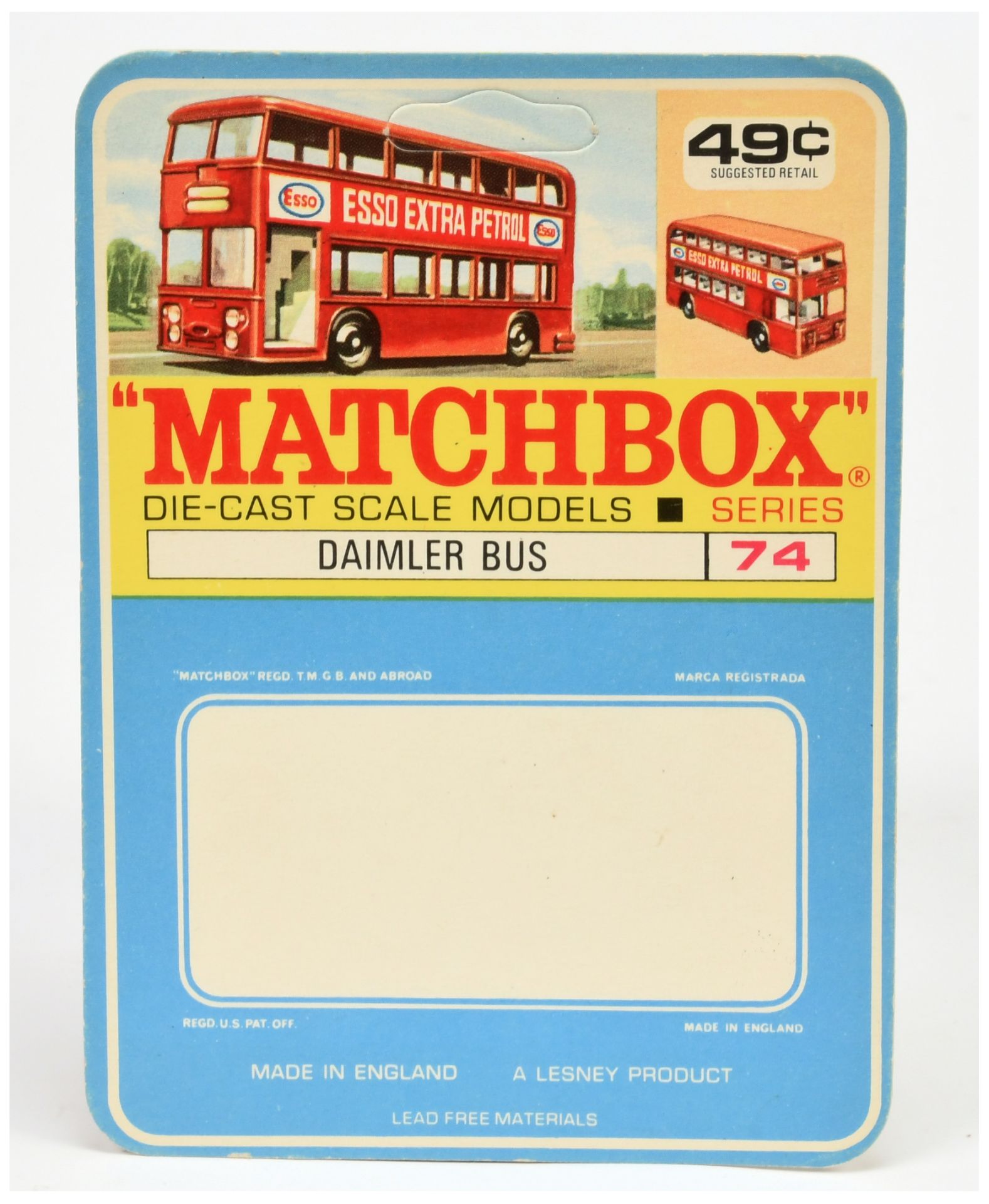 Matchbox Regular Wheels 64b Daimler Bus North American market blister pack backing card, price ma...