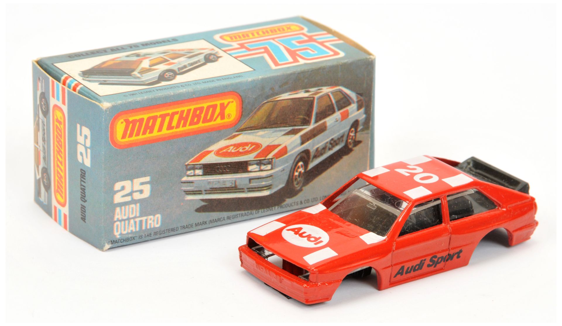 Matchbox Superfast 25d Audi Quattro - Made in Brazil Model - red body with white racing number 20...