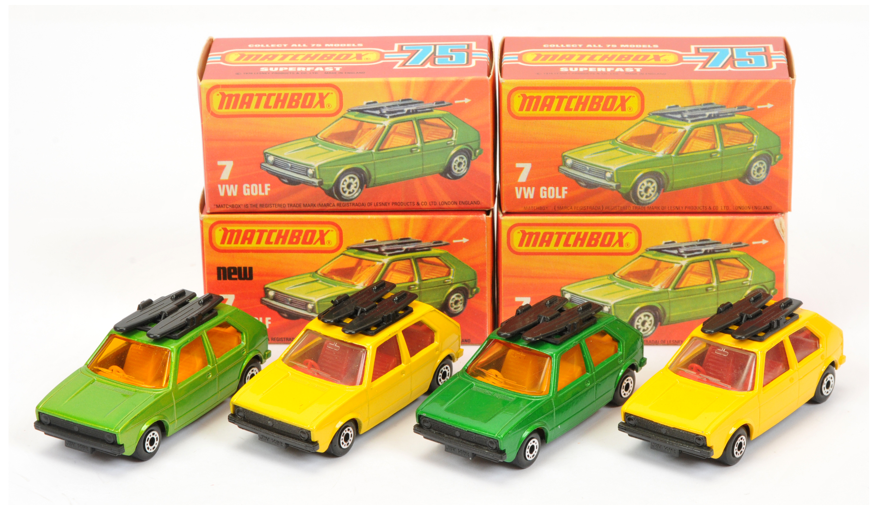 Matchbox Superfast 7c Volkswagen Golf Group Of 4 - (1) Metallic green, Matt black base, yellow in...