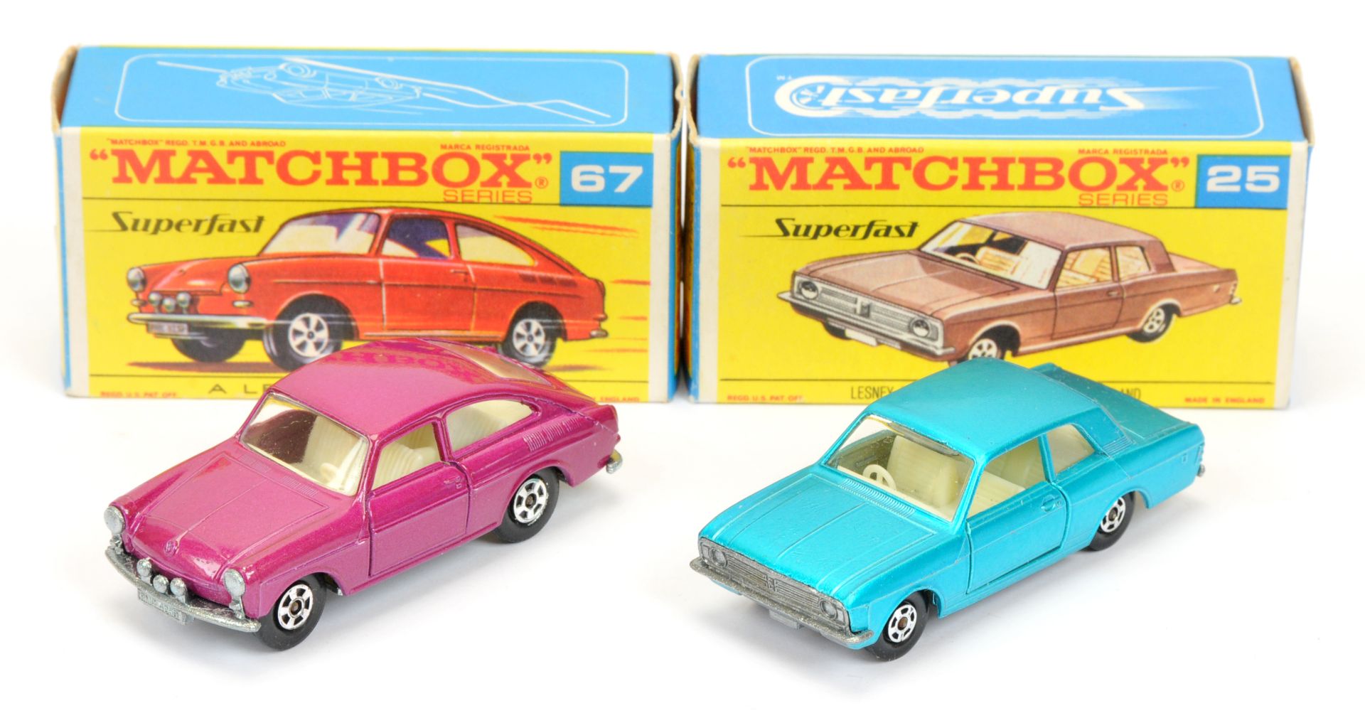 Matchbox Superfast pair (1) 25a Ford Cortina GT - metallic blue body, clear windows, ivory interi...