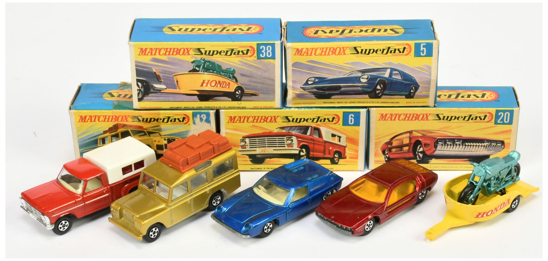 Matchbox Superfast group (1)  5a Lotus Europa - metallic blue (2) 6a Ford Pick-Up Truck - black b...