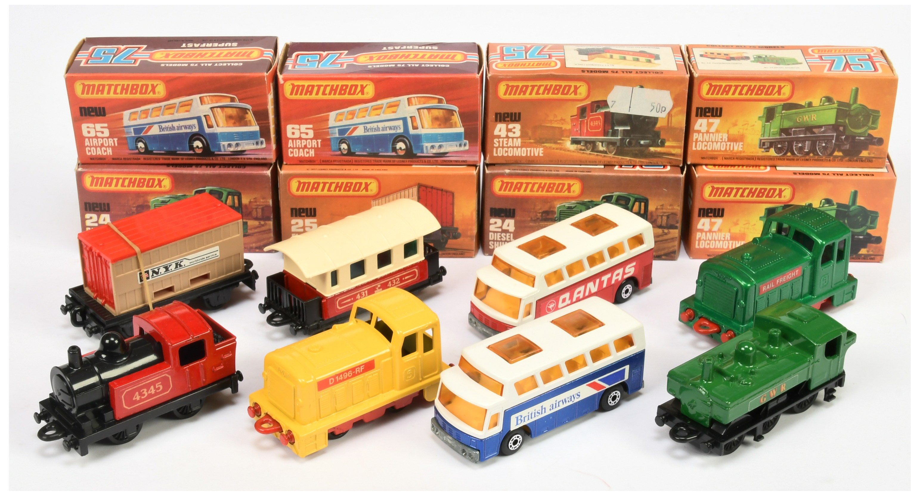 Matchbox Superfast Group Of 8 To Include - 25 Flat Car with Container, 47 Pannier Locomotive - Gr...