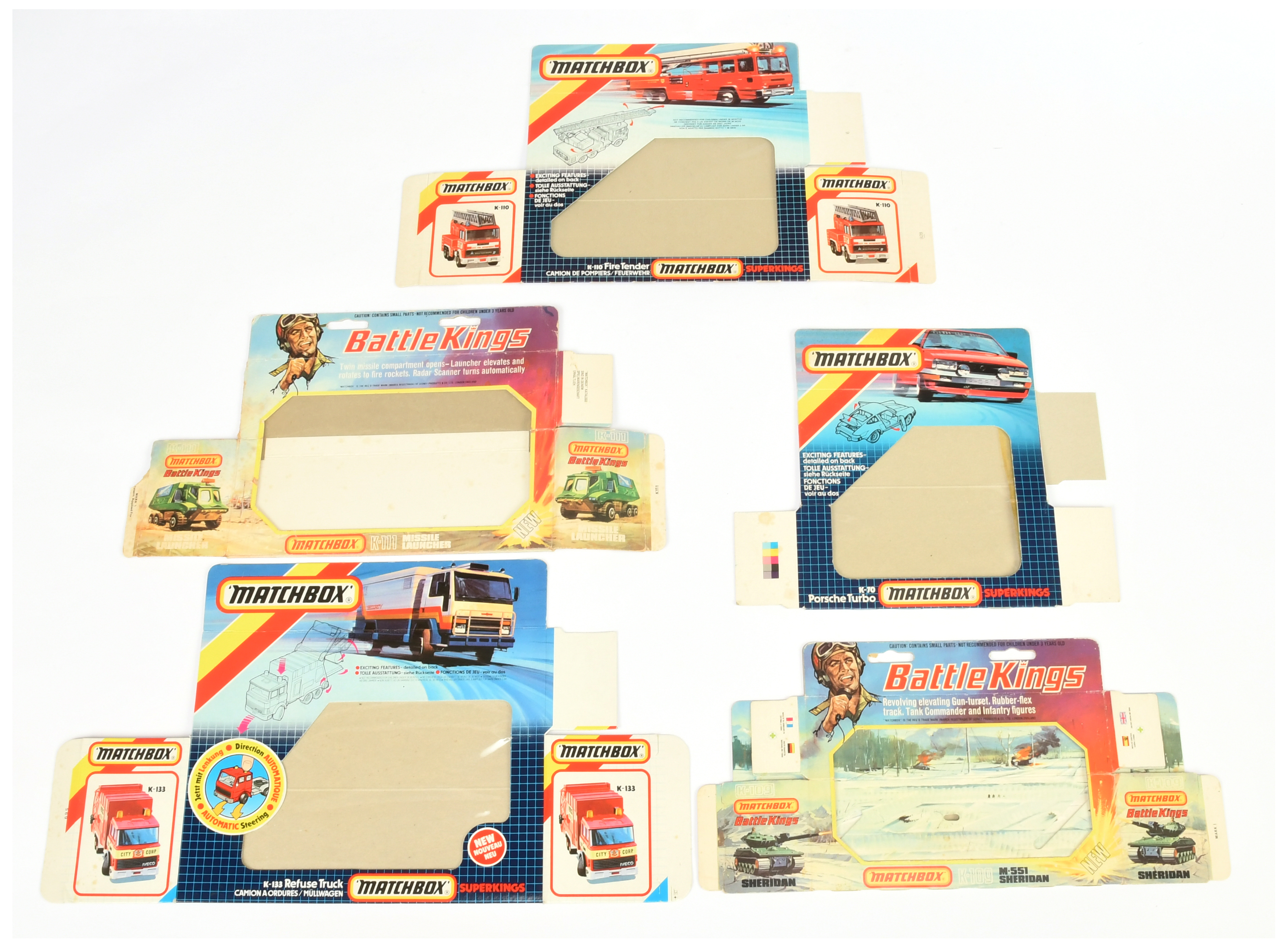 Matchbox Super Kings & Battle Kings Empty flat box group (1) K70 Porsche Turbo (2) K110 Fire Tend...