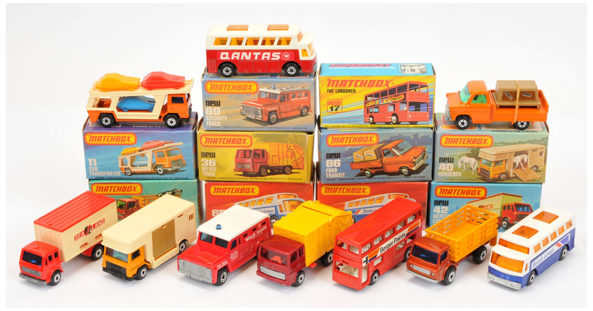 Matchbox Superfast Group Of 10  To Include - 42 Mercedes Container Truck - Red,66 Ford Transit Pi...
