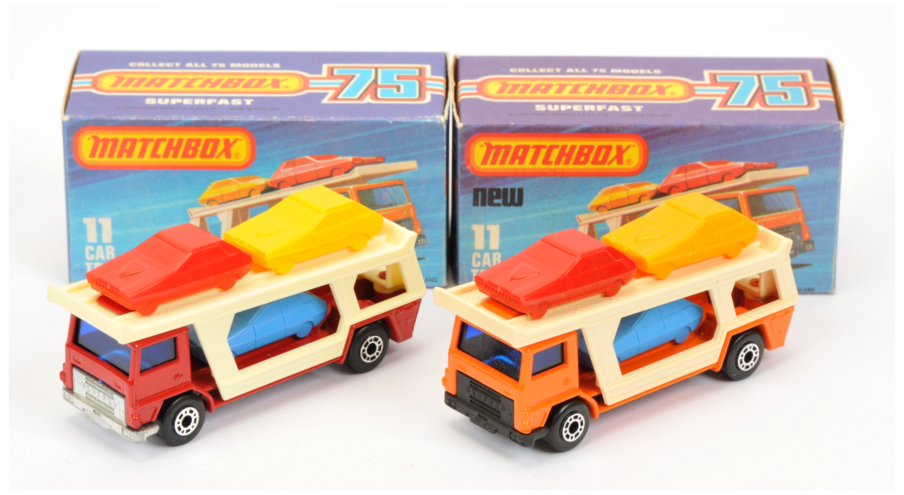 Matchbox Superfast 11c Bedford Car Transporter - RARE Red body, cream plastic back with 3 x Cars ...