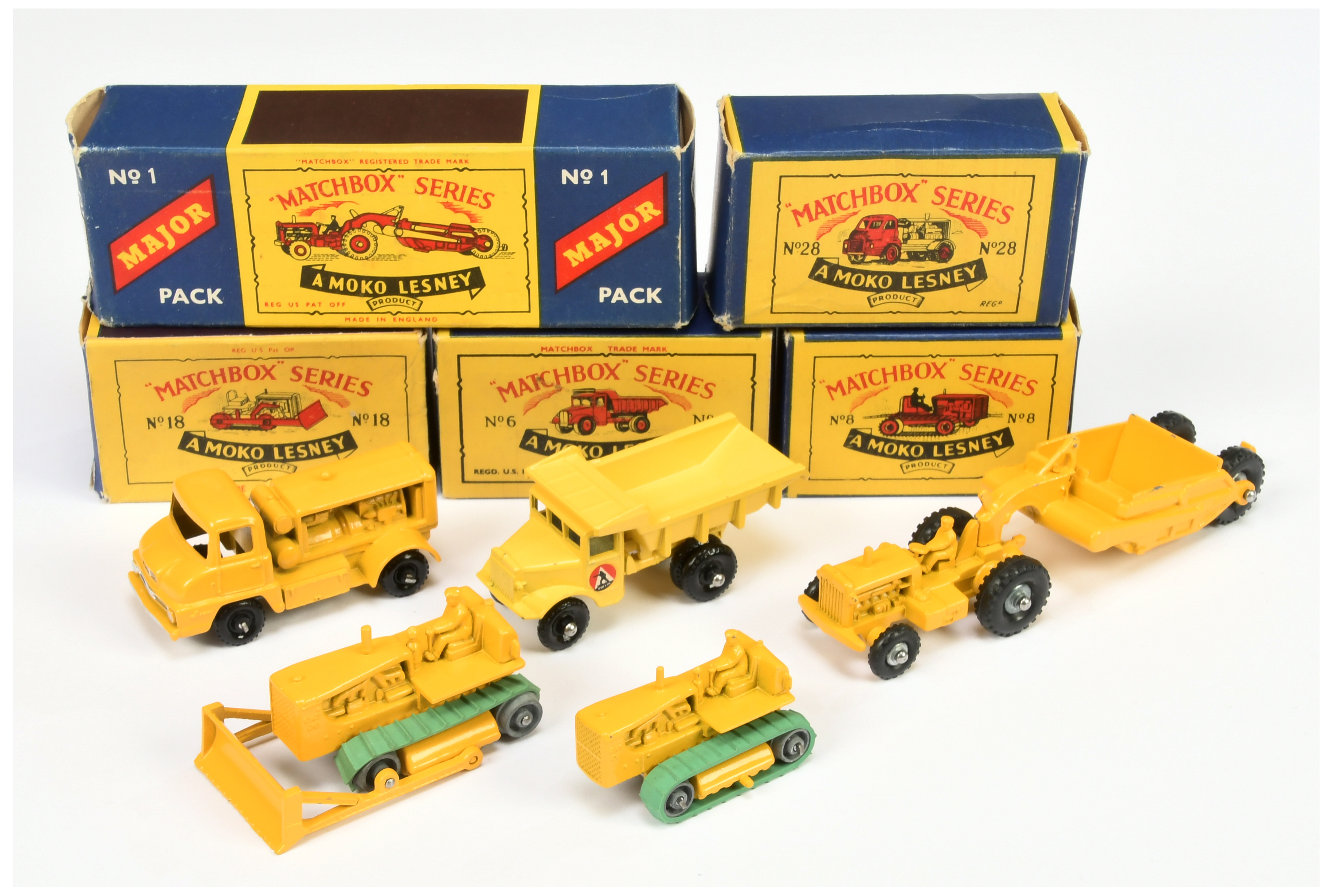 Matchbox Regular Wheels group of Construction Vehicles. (1) M1 Major Pack Caterpillar Earth Mover...