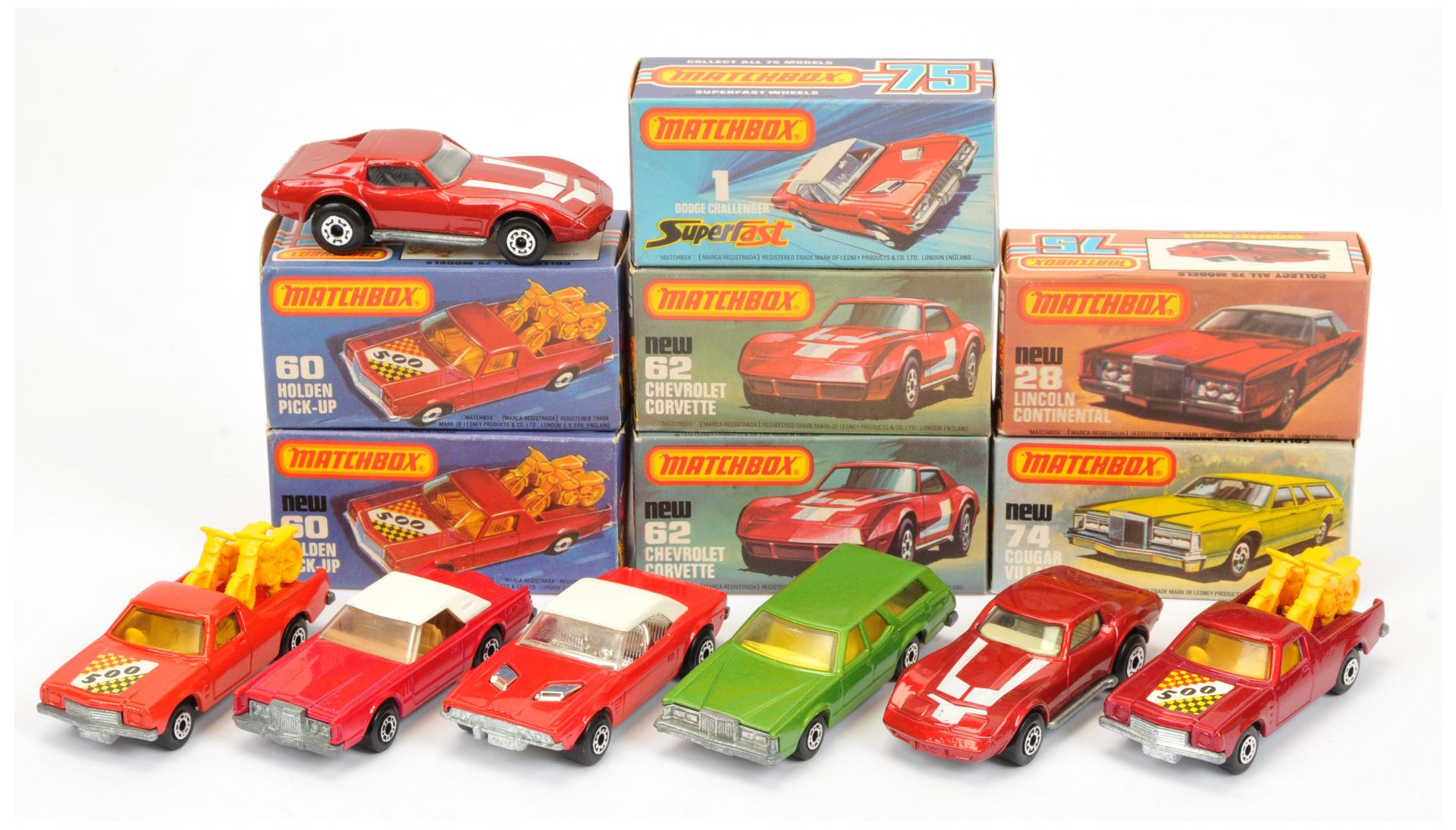 Matchbox Superfast Group Of 7 To Include - 1 Dodge Challenger - Red with white hood, chrome trim,...