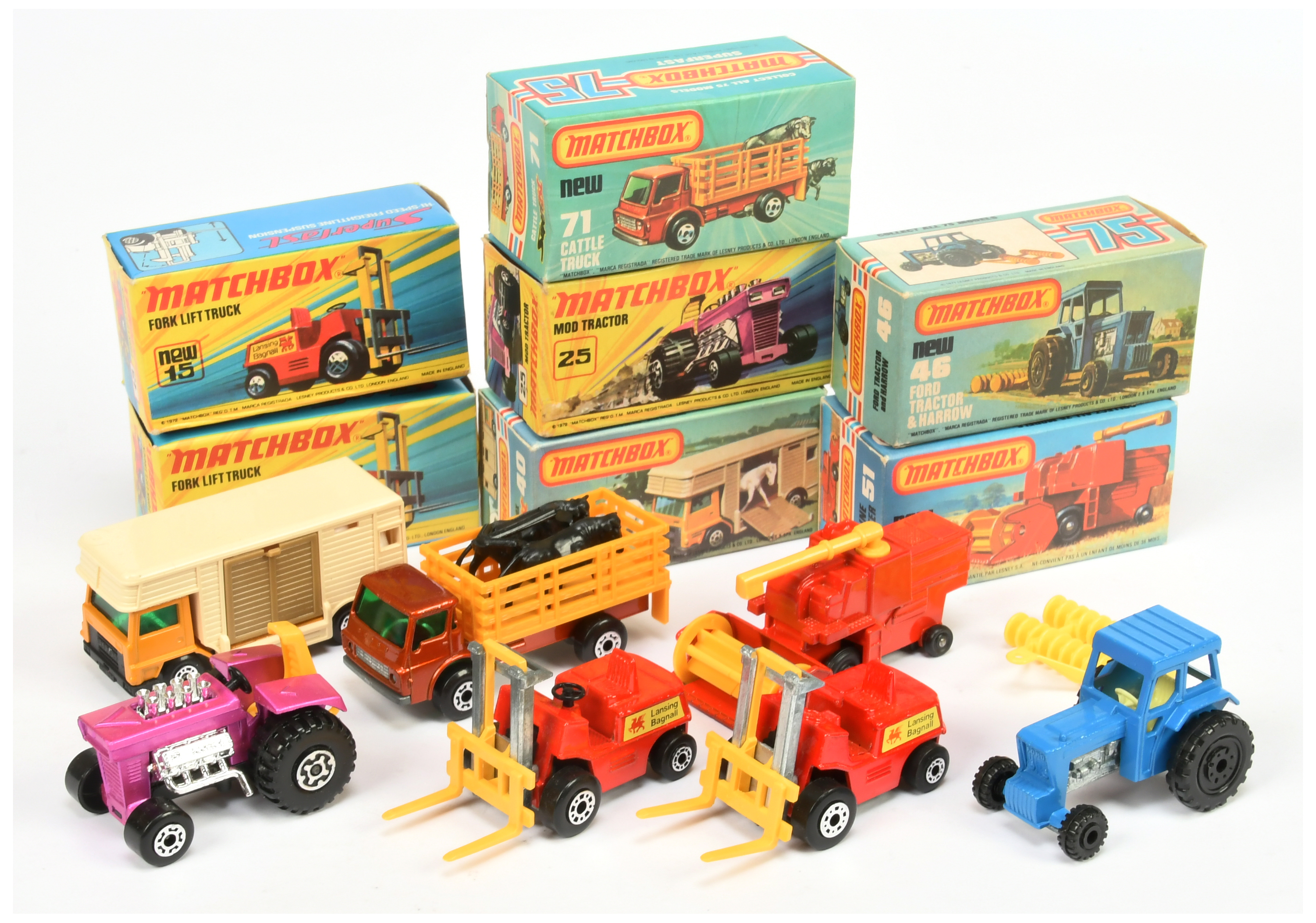 Matchbox Superfast Group Of 7 To Include - 25 Mod Tractor - Purple body, yellow seat, 40 Bedford ...
