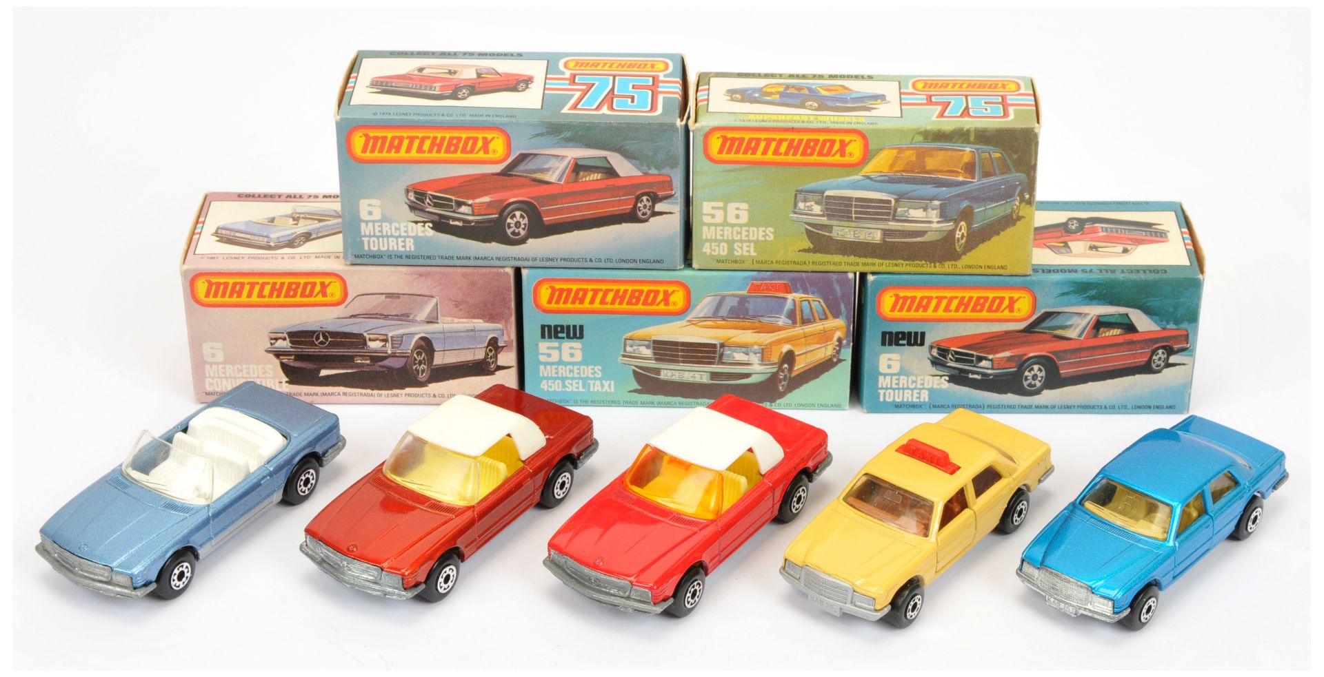 Matchbox Superfast Group Of 5 Mercedes To Include  - (1) 6b Red body, white hood, amber windows, ...