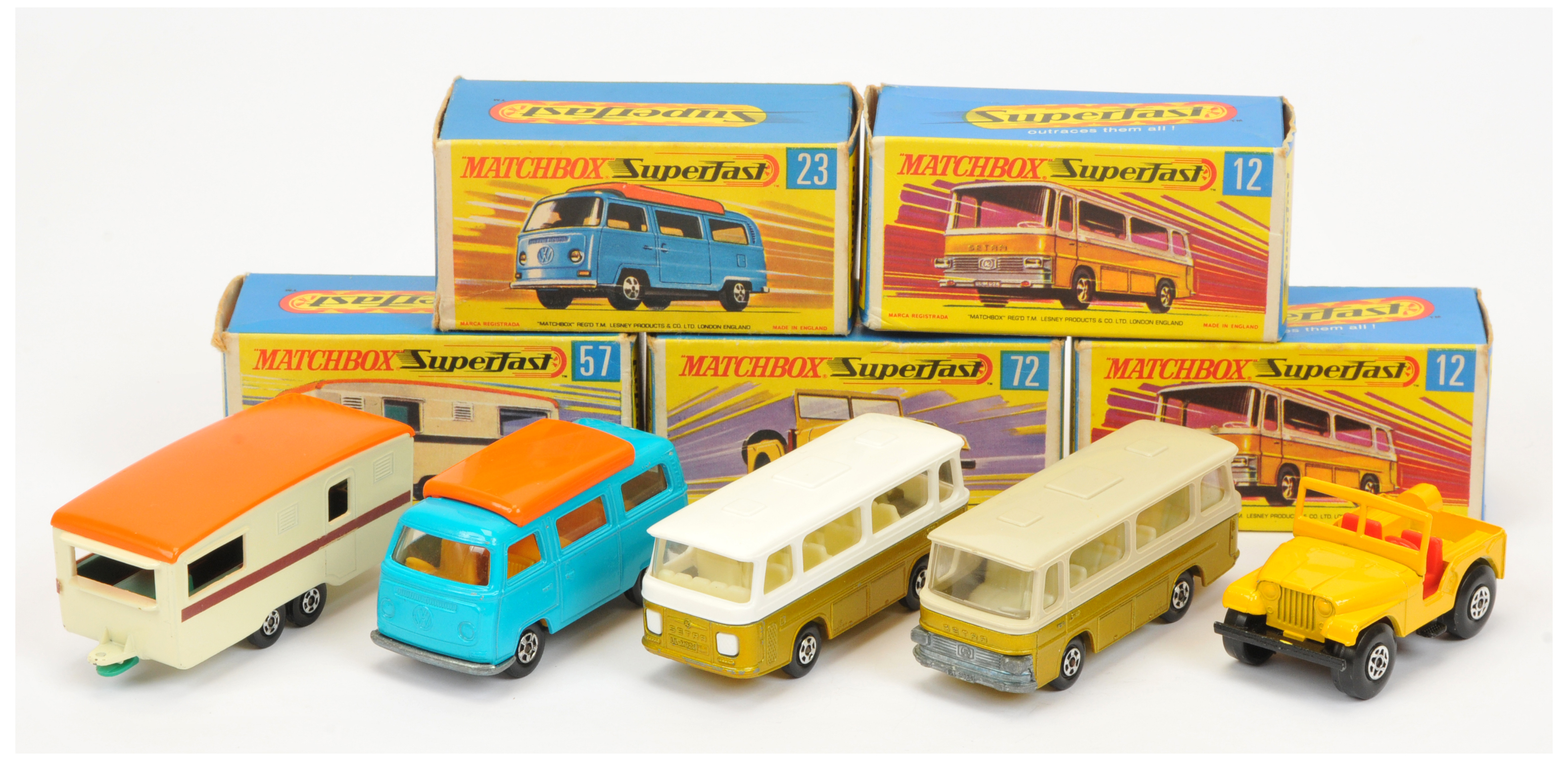 Matchbox Superfast  Group Of 5 - (1) 12b Setra Coach - Metallic Gold, Pale grey- cream upper, 920...