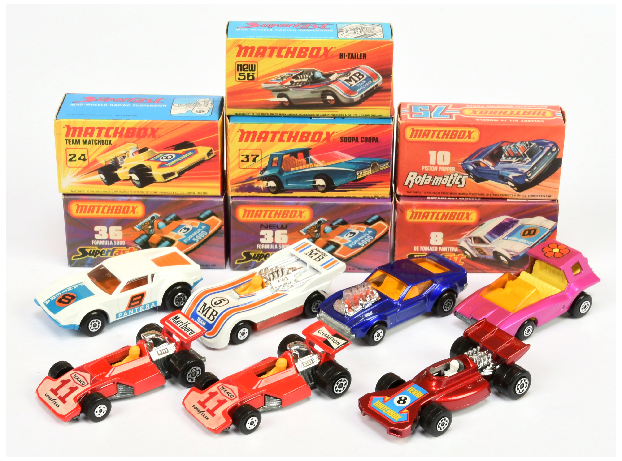 Matchbox Superfast Group Of 7 To Include - 10 Piston popper - blue, 36 Formula 5000 racing Car "M...