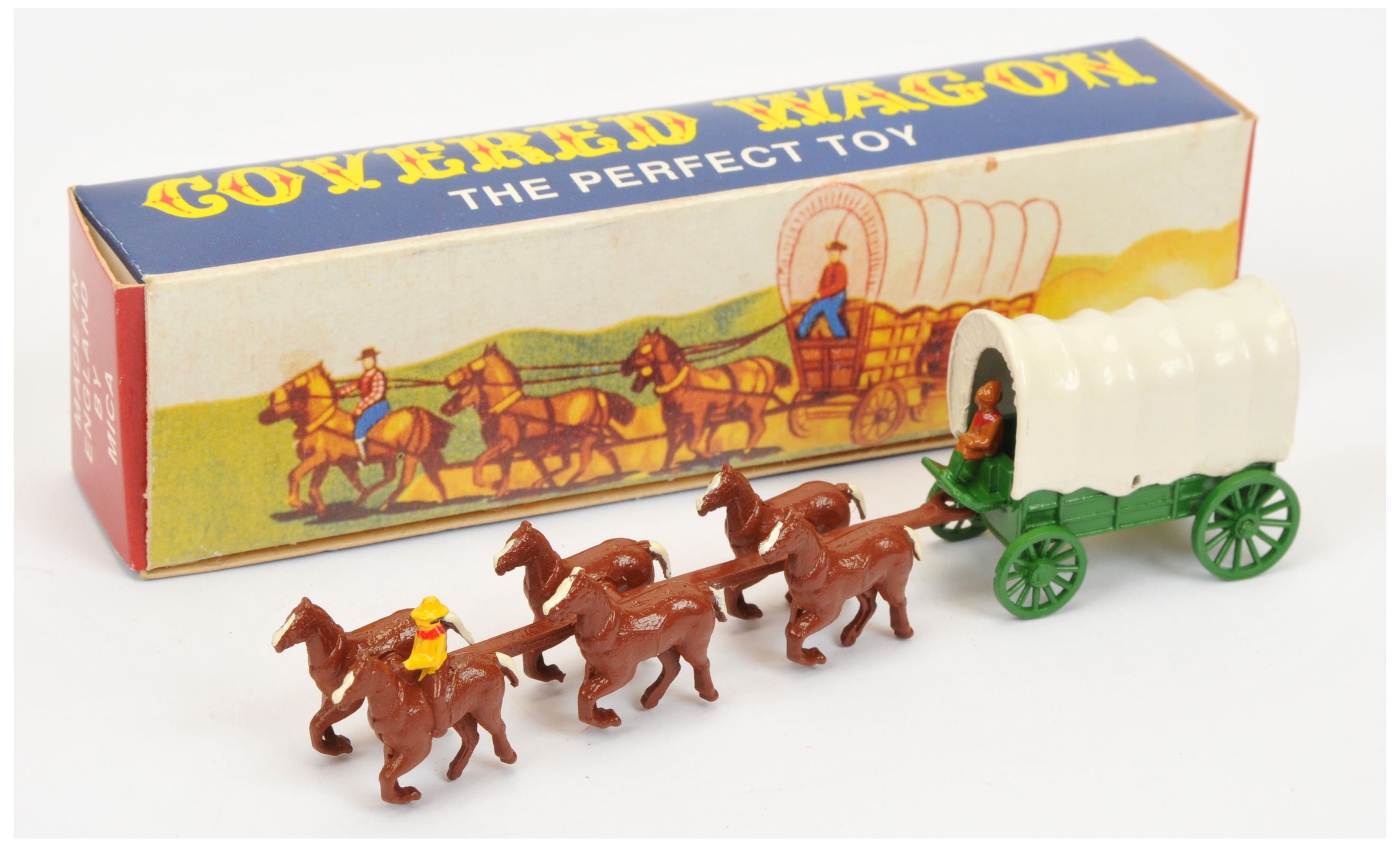 Matchbox The Prefect Toy by MICA - Covered Wagon - Green and white with 6 X brown horse and 2 fig...