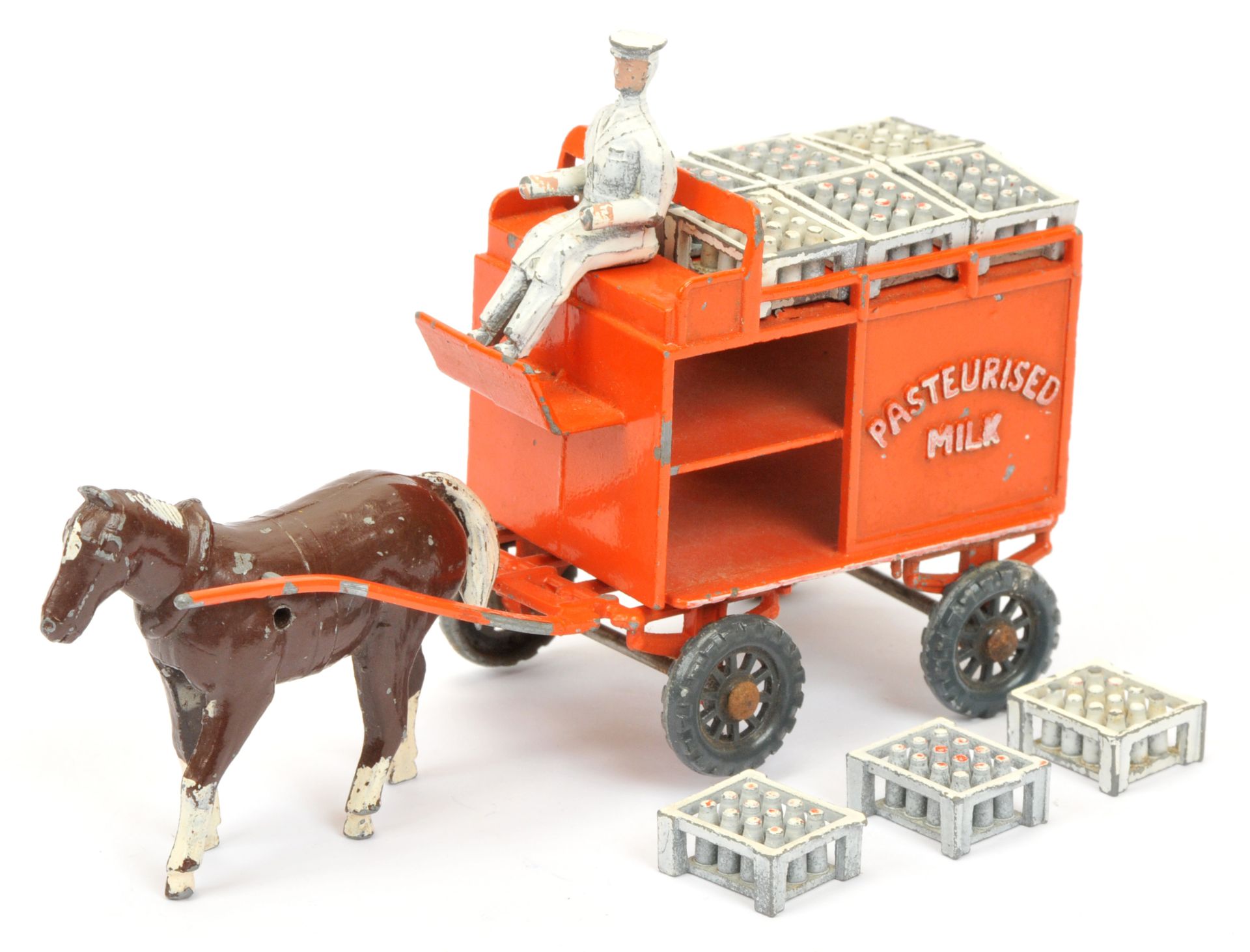 Matchbox Early Moko Lesney Toys large scale Horse Drawn Milk Float - orange float complete with 9...