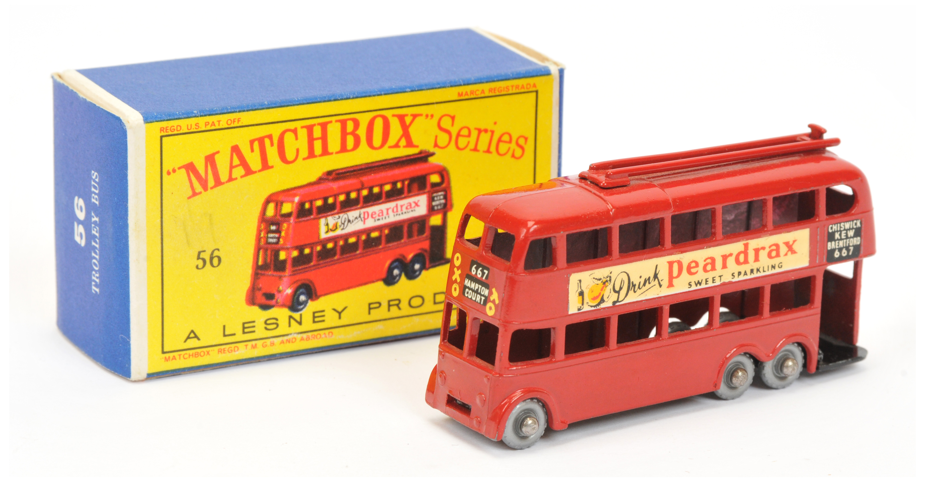 Matchbox Regular Wheels 56a London Trolleybus - Stannard Code 6 - red body with criss-cross roof ...