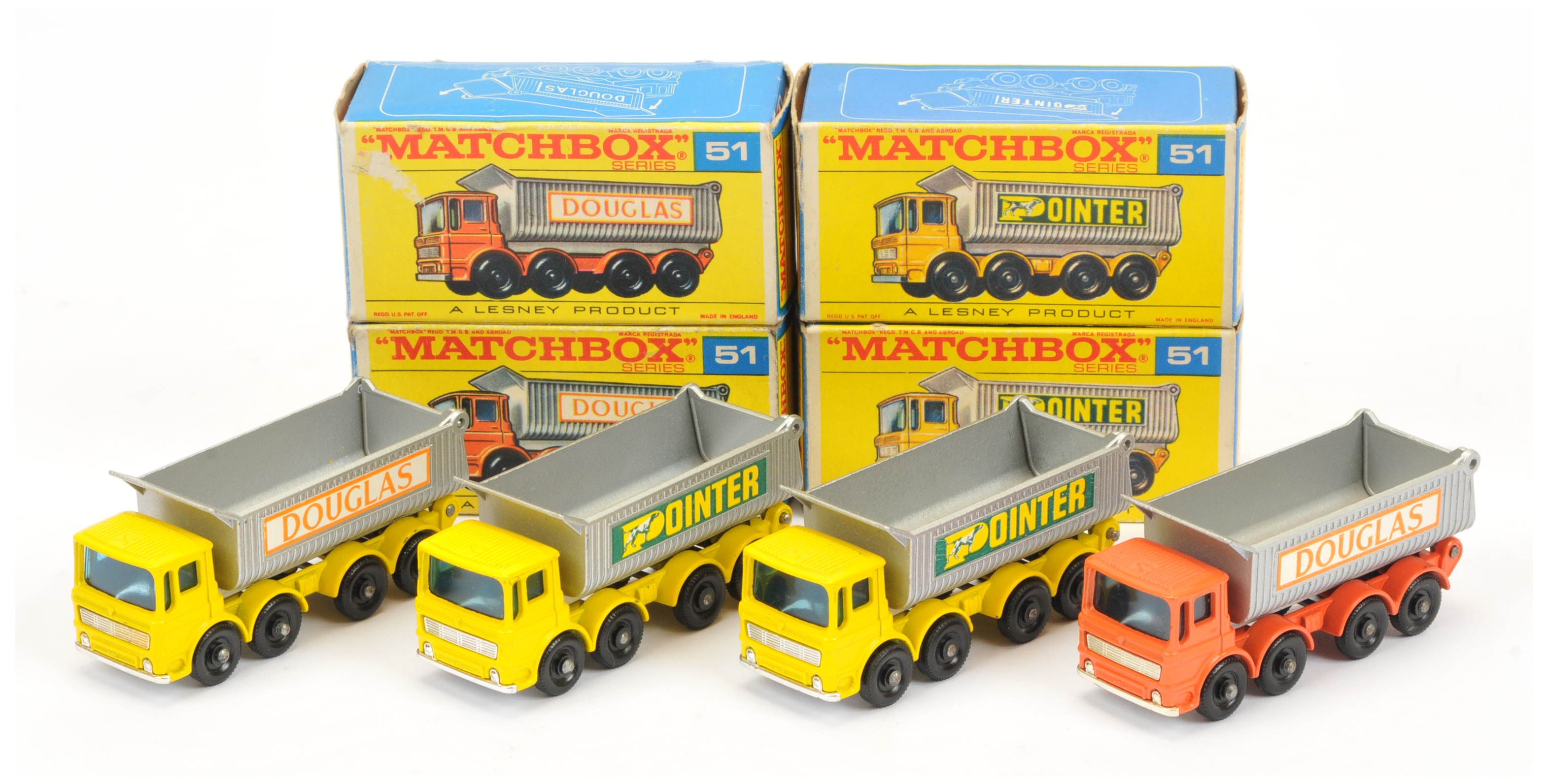 Matchbox Regular Wheels group 51c AEC Tipper Truck - all are chrome grille & base (1) orange cab ...