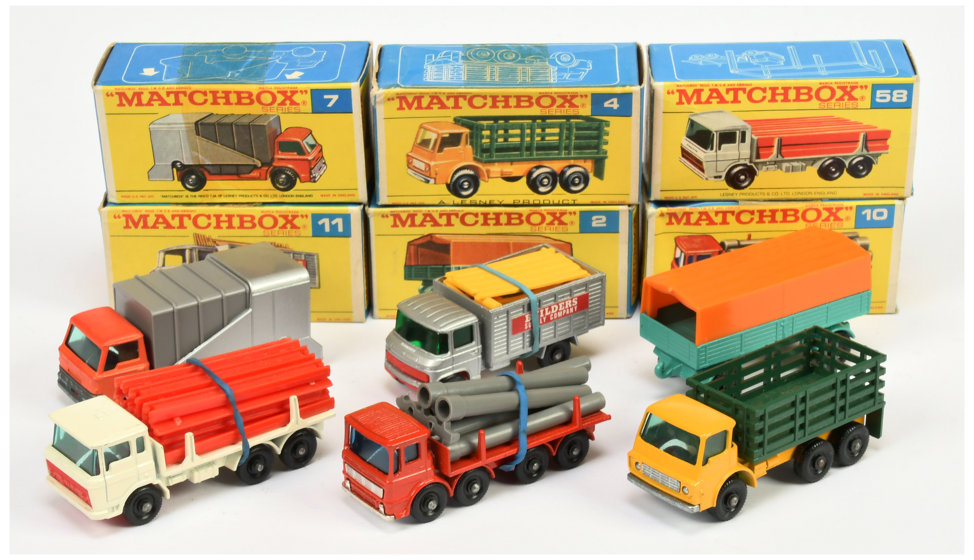 Matchbox Regular Wheels group (1) 2d Mercedes LP Trailer (2) 4d Dodge Stake Truck - type B base w...