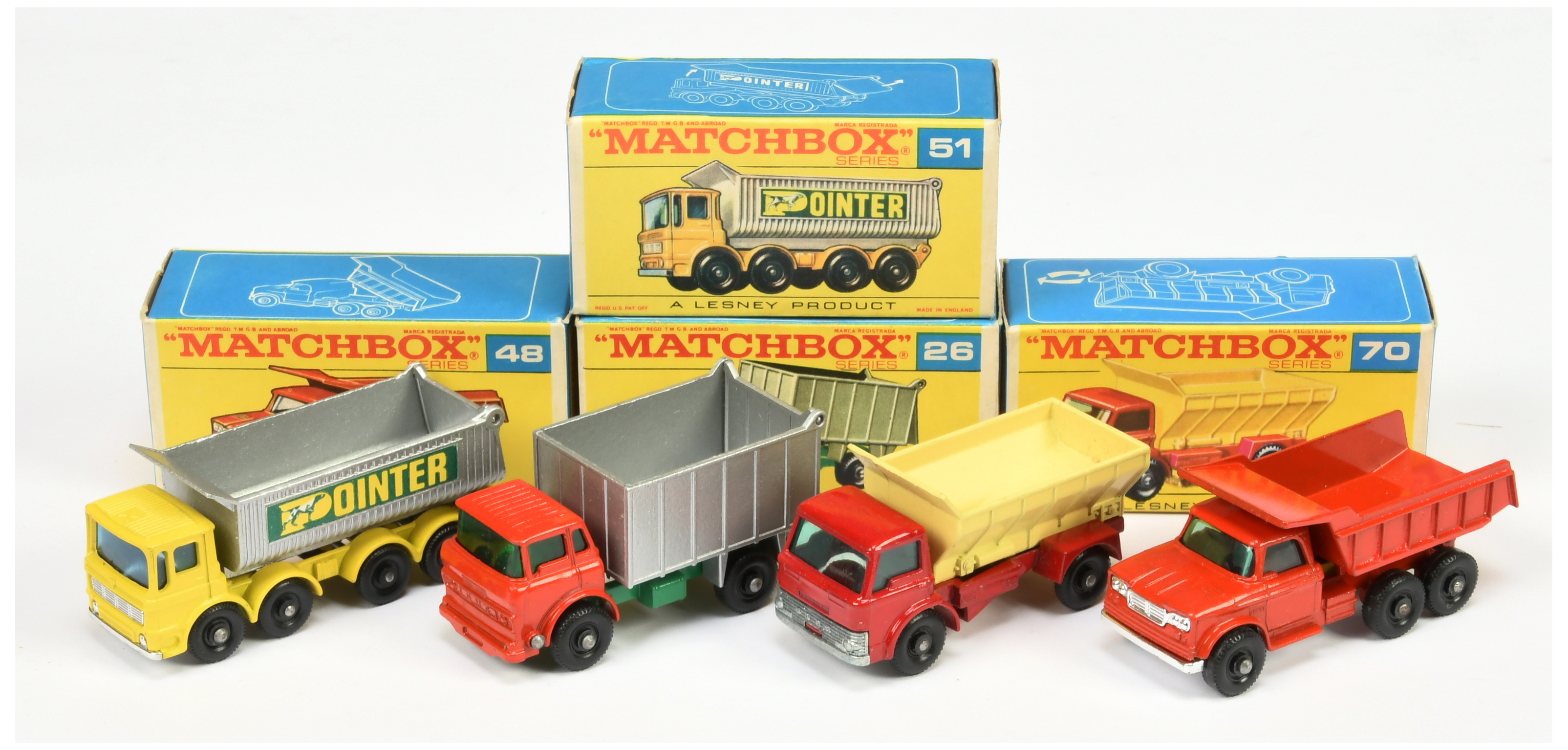 Matchbox Regular Wheels group (1) 26c GMC Tipper Truck  (2) 48c Dodge Dumper Truck - short silver...