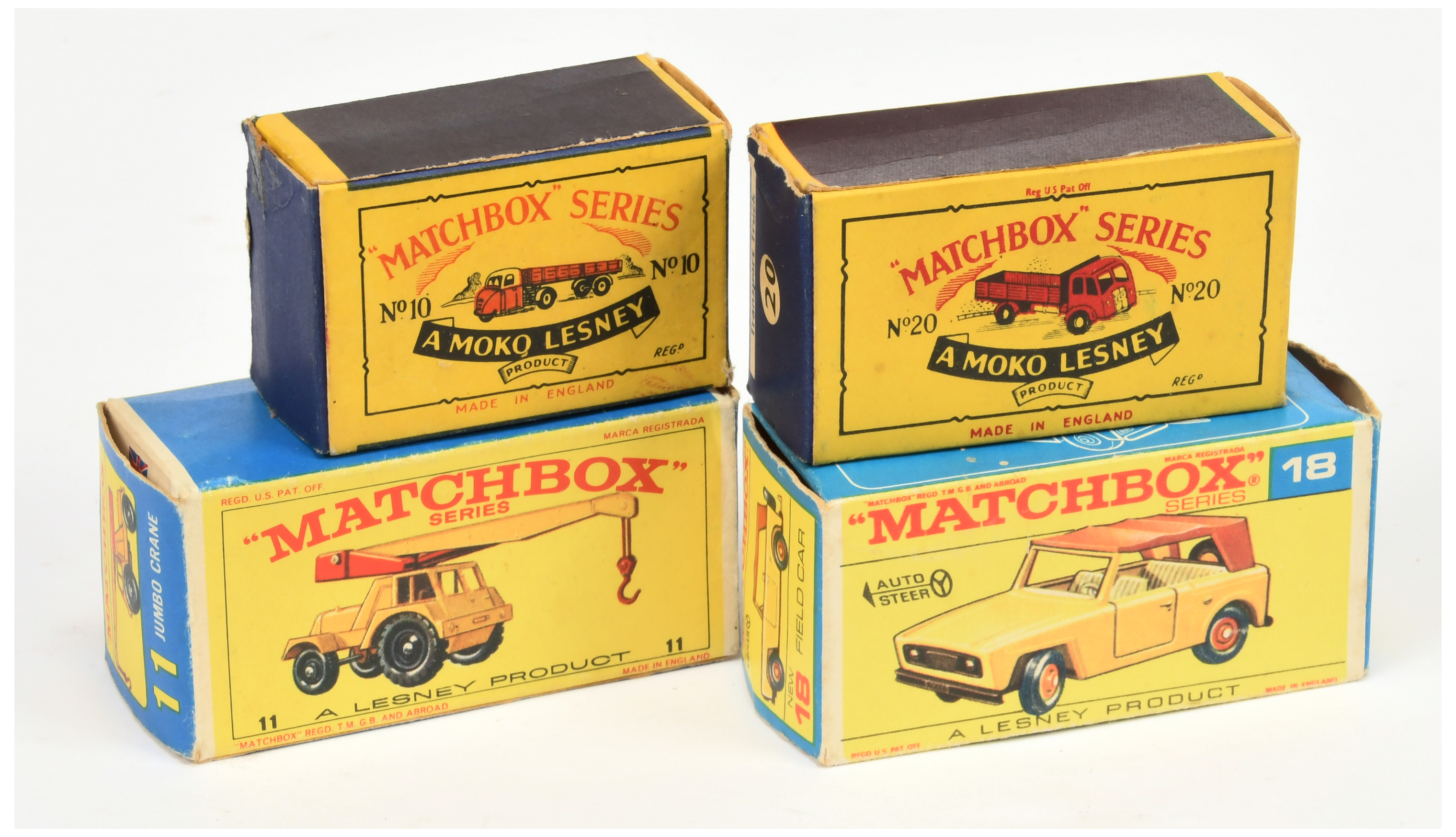 Matchbox Regular Wheels Empty Boxes Group Of 4 - (1) 10a Scammell, (2) 18e Field car, (3) 20a ERF...