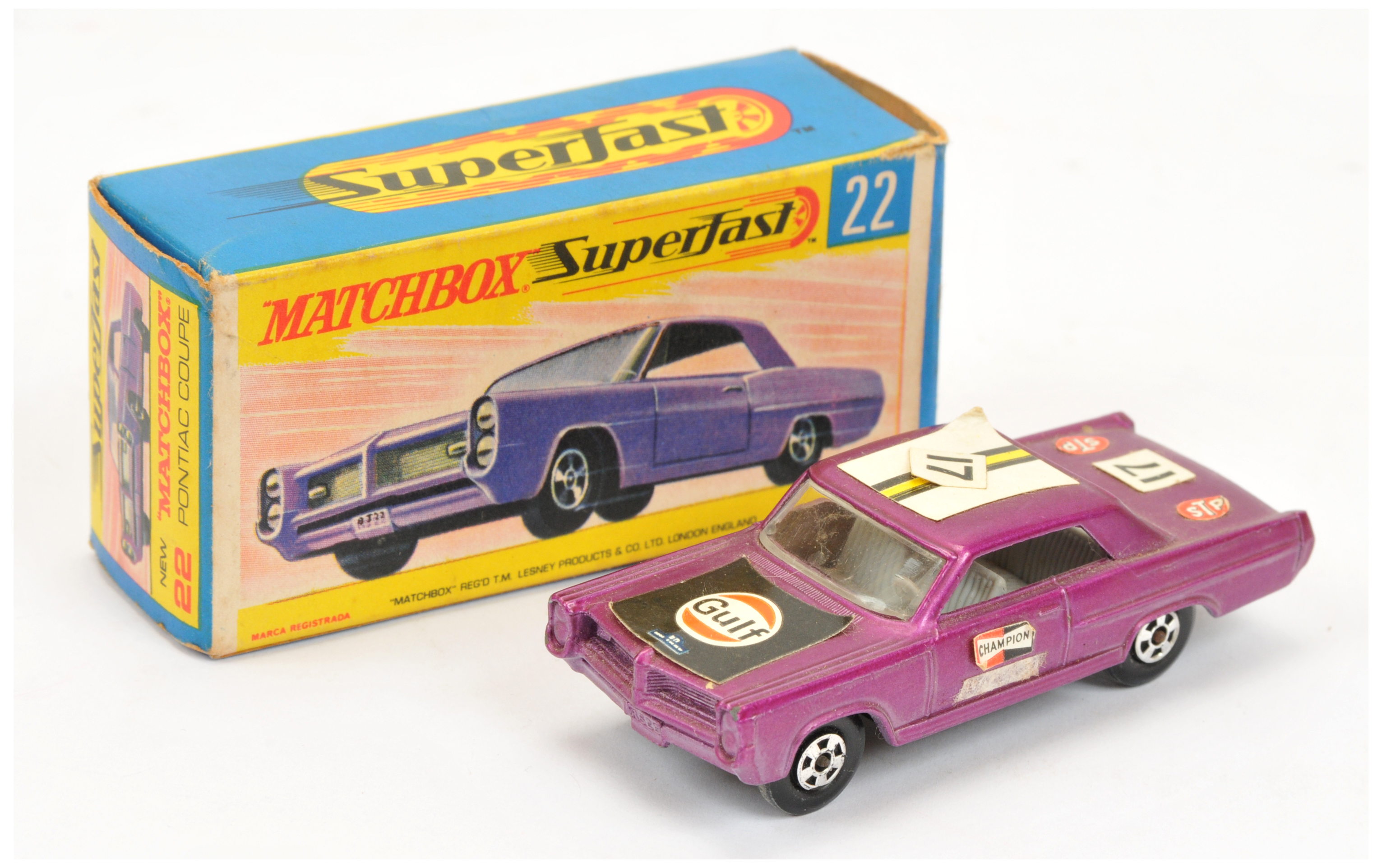 Matchbox Superfast No.22A Pontiac GP Sports Coupe - light purple body, grey interior, black base ...
