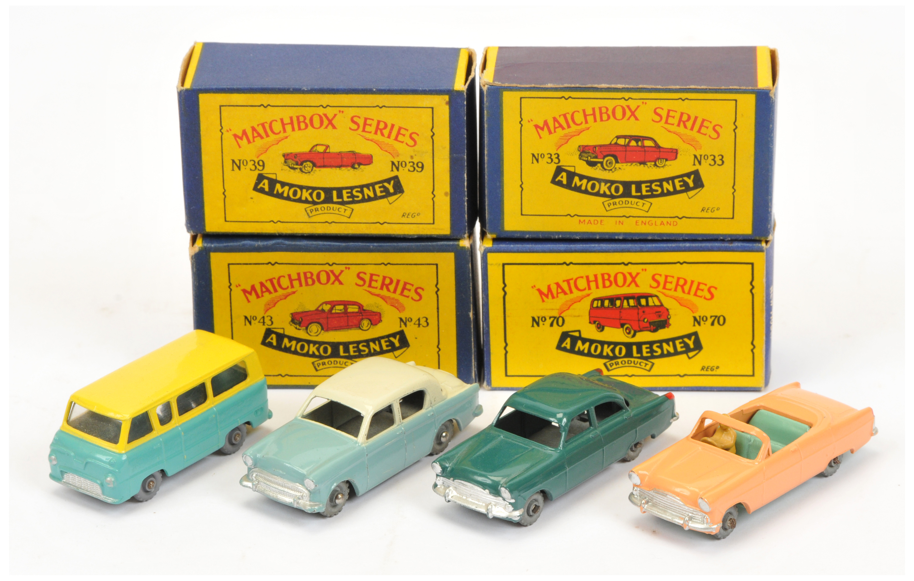 Matchbox Regular Wheels group - first three have metal wheels & crimped axles (1) 33a Ford Zodiac...