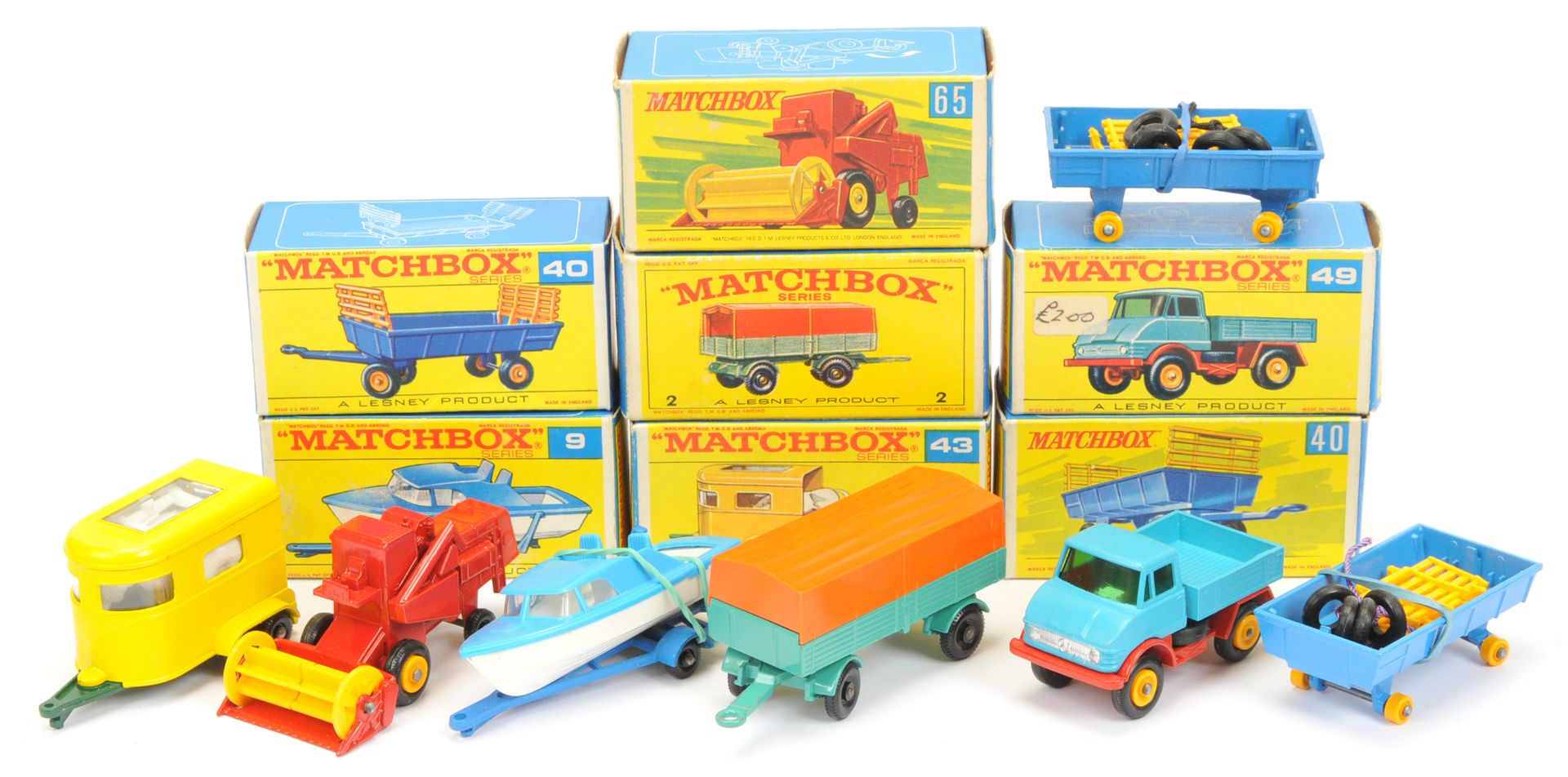 Matchbox Regular Wheels group to include 9d Boat on Trailer - light blue, white hull, darker blue...