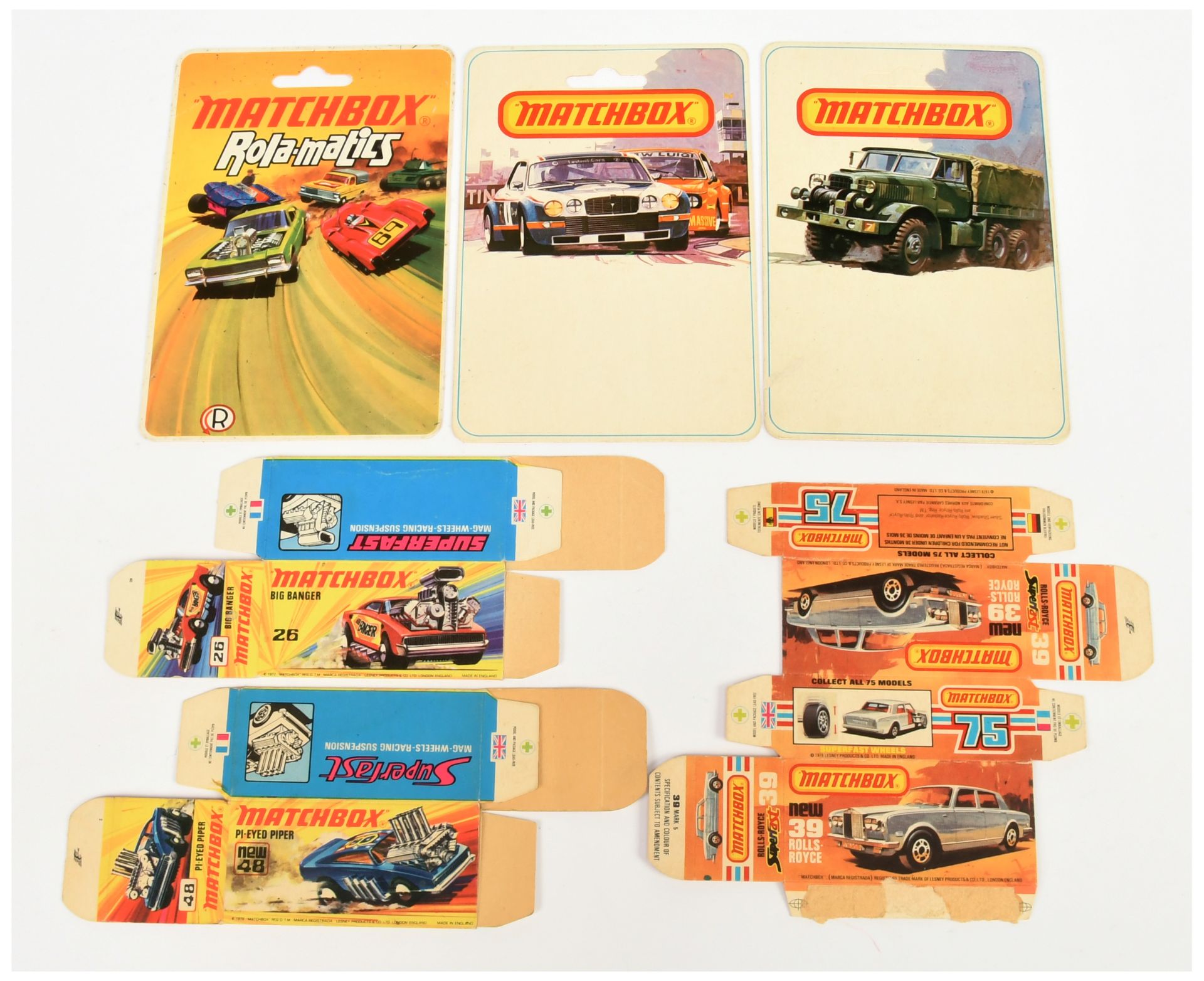 Matchbox Superfast group of Printers Sample unused blister pack backing cards including 1972 copy...