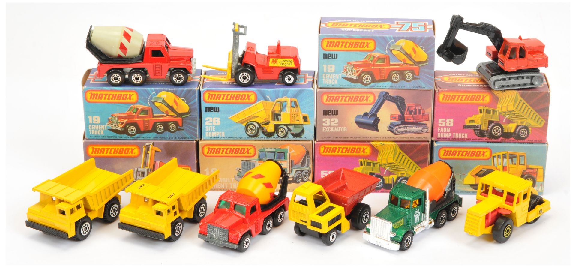 Matchbox Superfast A Group of 9 Construction Related To Include 15b Fork lift Truck - red and yel...