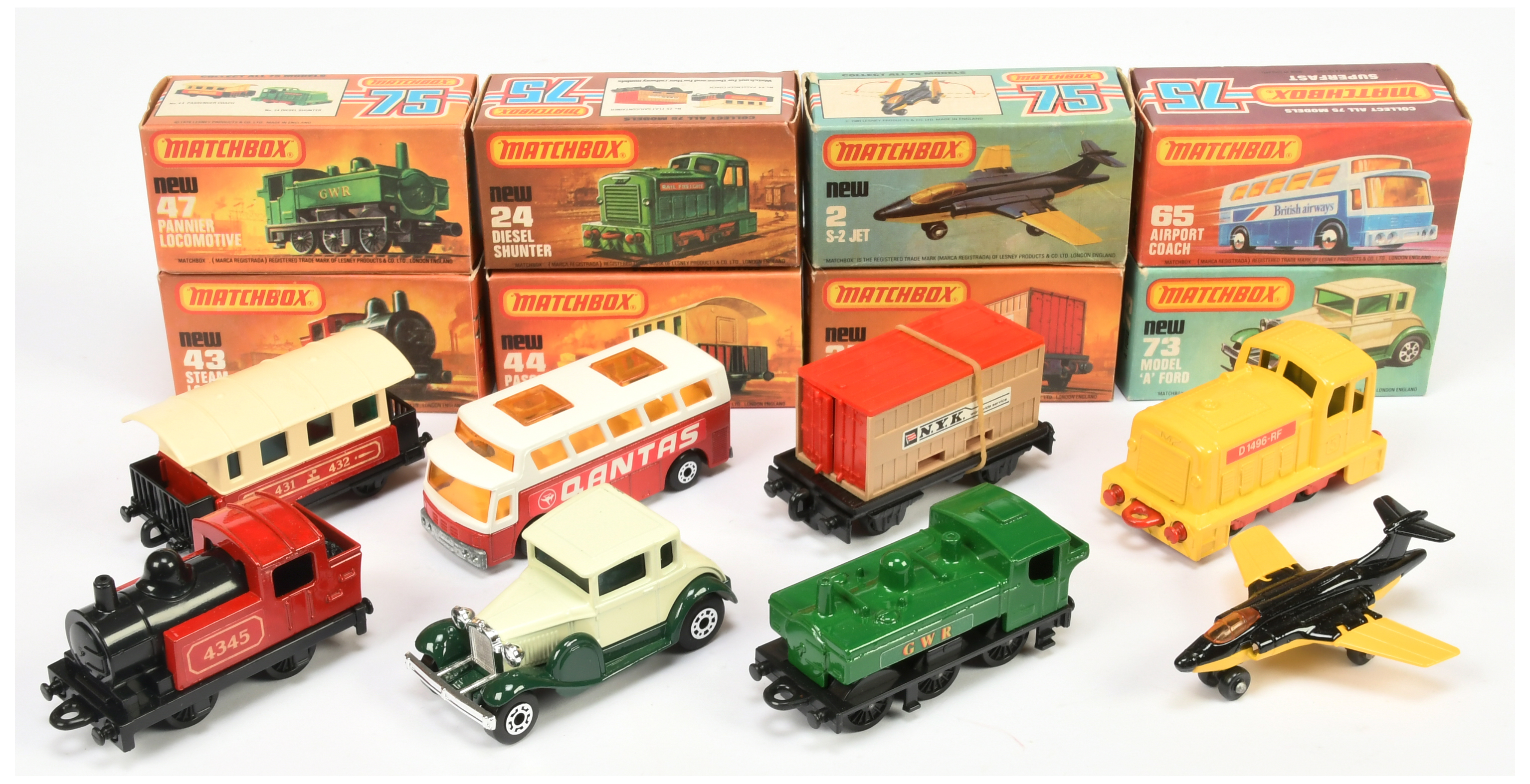 Matchbox Superfast Group Of 8 To Include - 25 Flat Car with Container, 47 Pannier Locomotive - Gr...