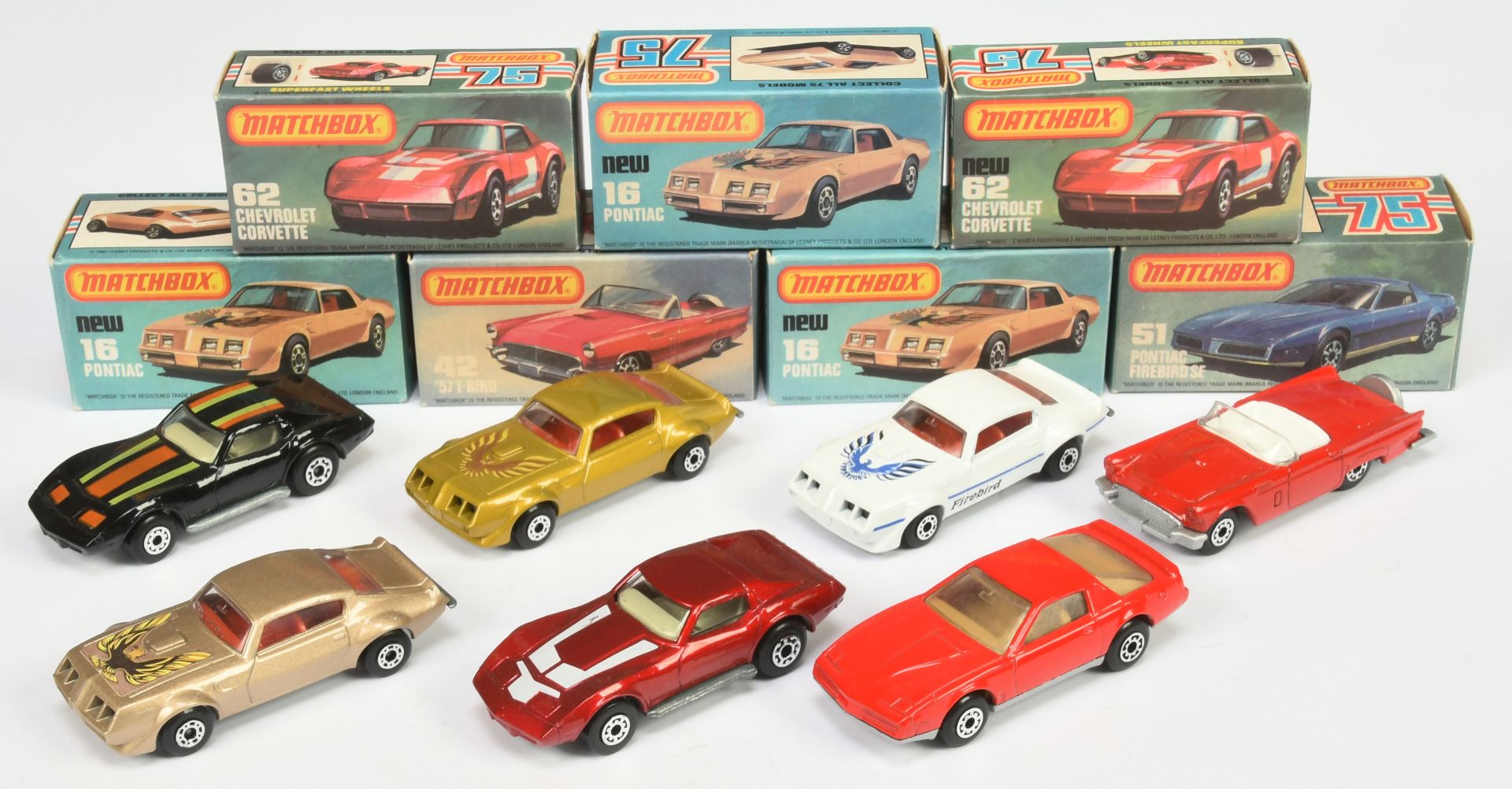 Matchbox Superfast Group Of 7 To Include  - 16b Pontiac Firebird - White, red interior, 42d ford ...
