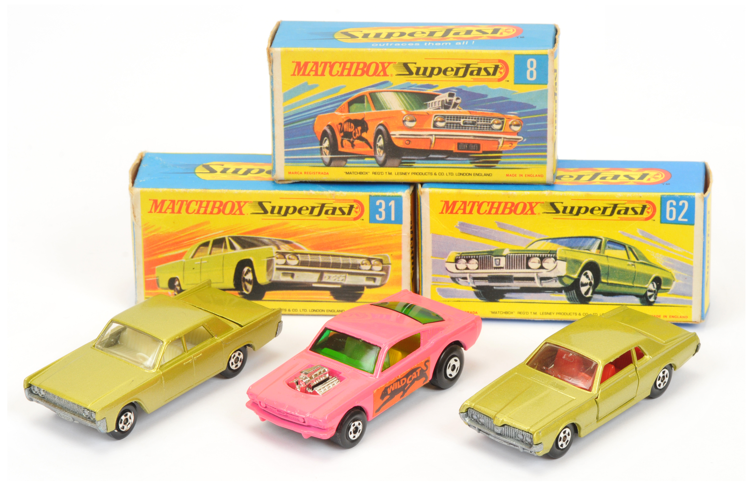 Matchbox Superfast  Group Of 3 - (1) 8b Ford Mustang Wildcat dragster - Pink body, black base, (2...