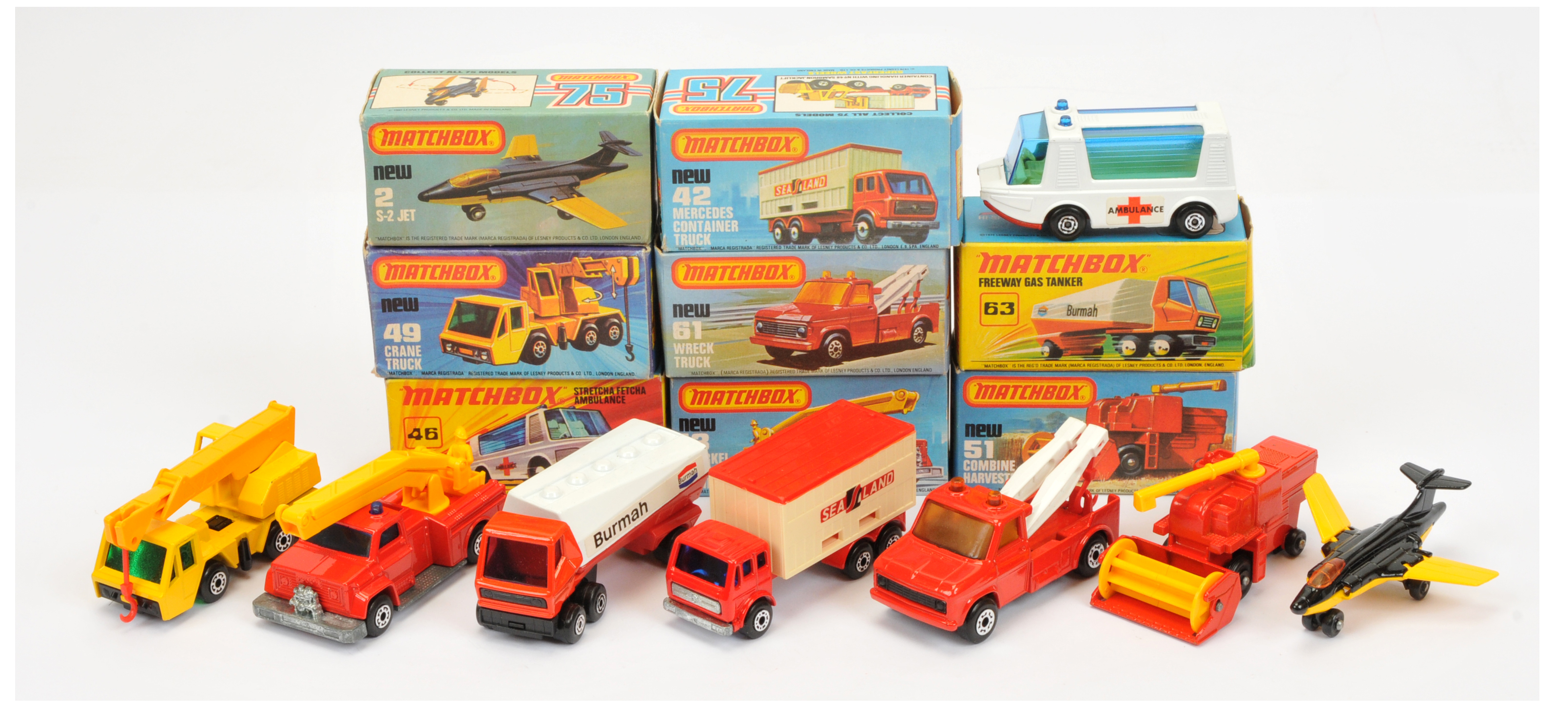 Matchbox Superfast Group Of 8  To Include - 42 Mercedes Container Truck - red, 61 Ford Wreck Truc...