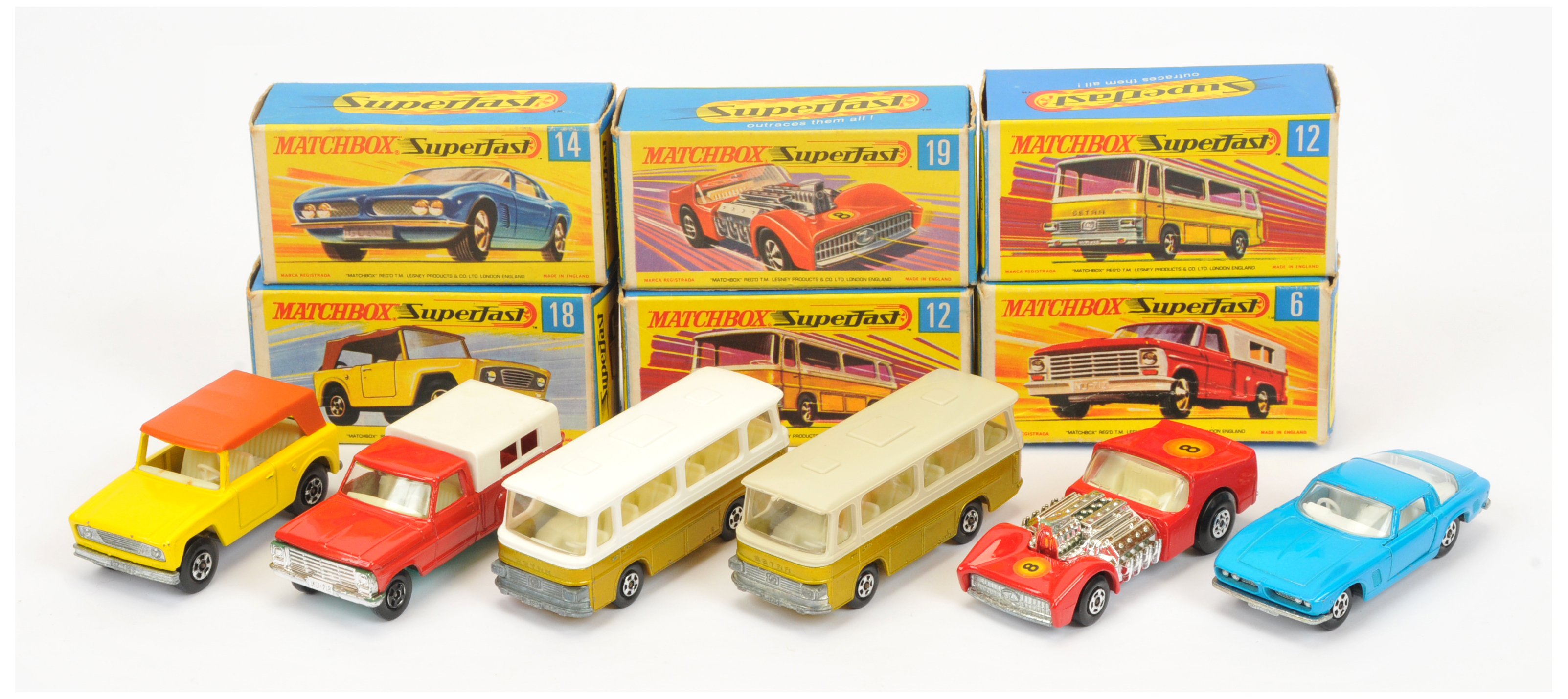 Matchbox Superfast  Group Of 6 To Include  -  6a Ford Pick-Up Truck - red body, white plastic can...