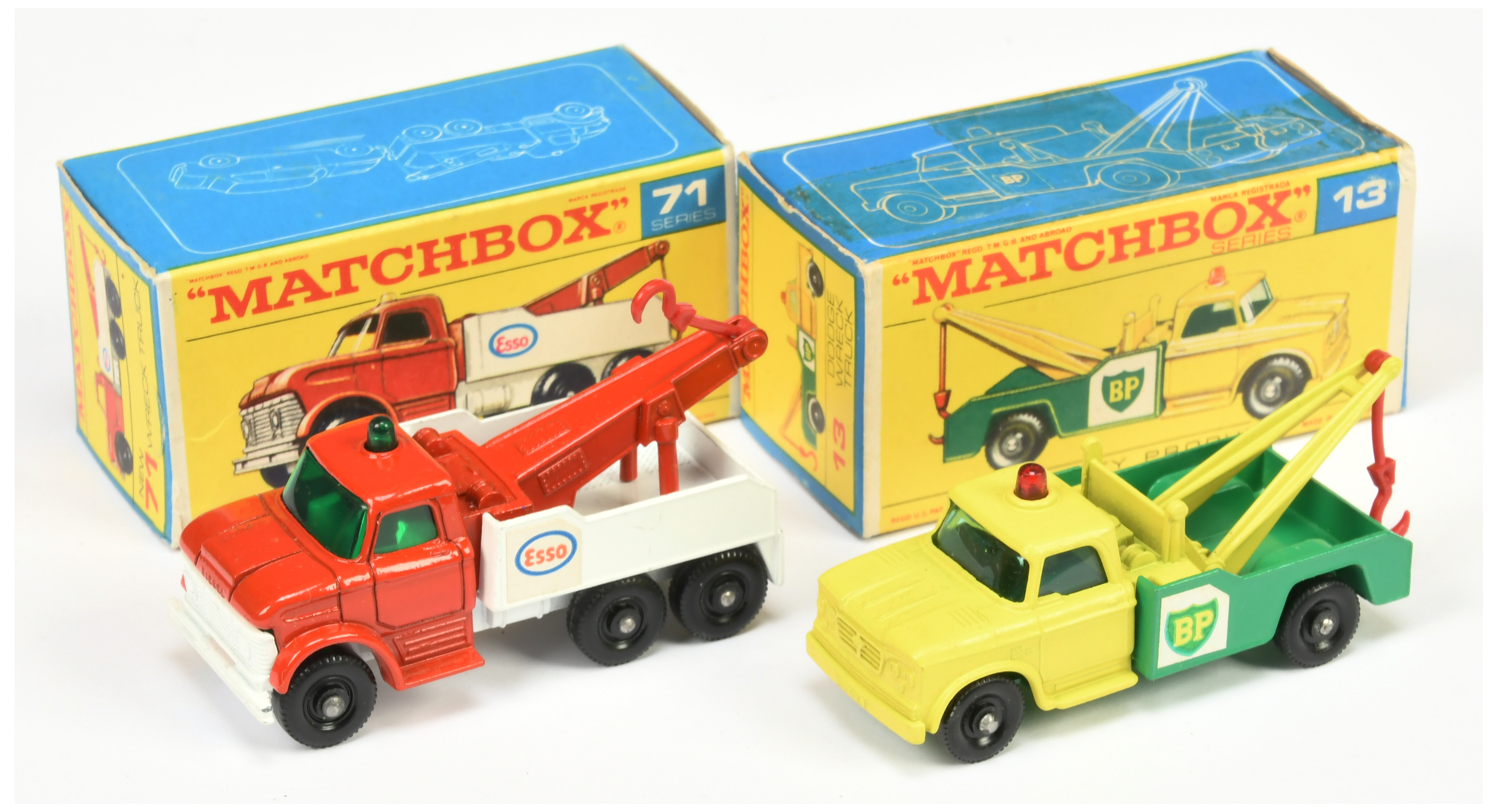 Matchbox Regular Wheels pair (1) 13d Dodge BP Wreck Truck - yellow cab & jib with matt paint fini...