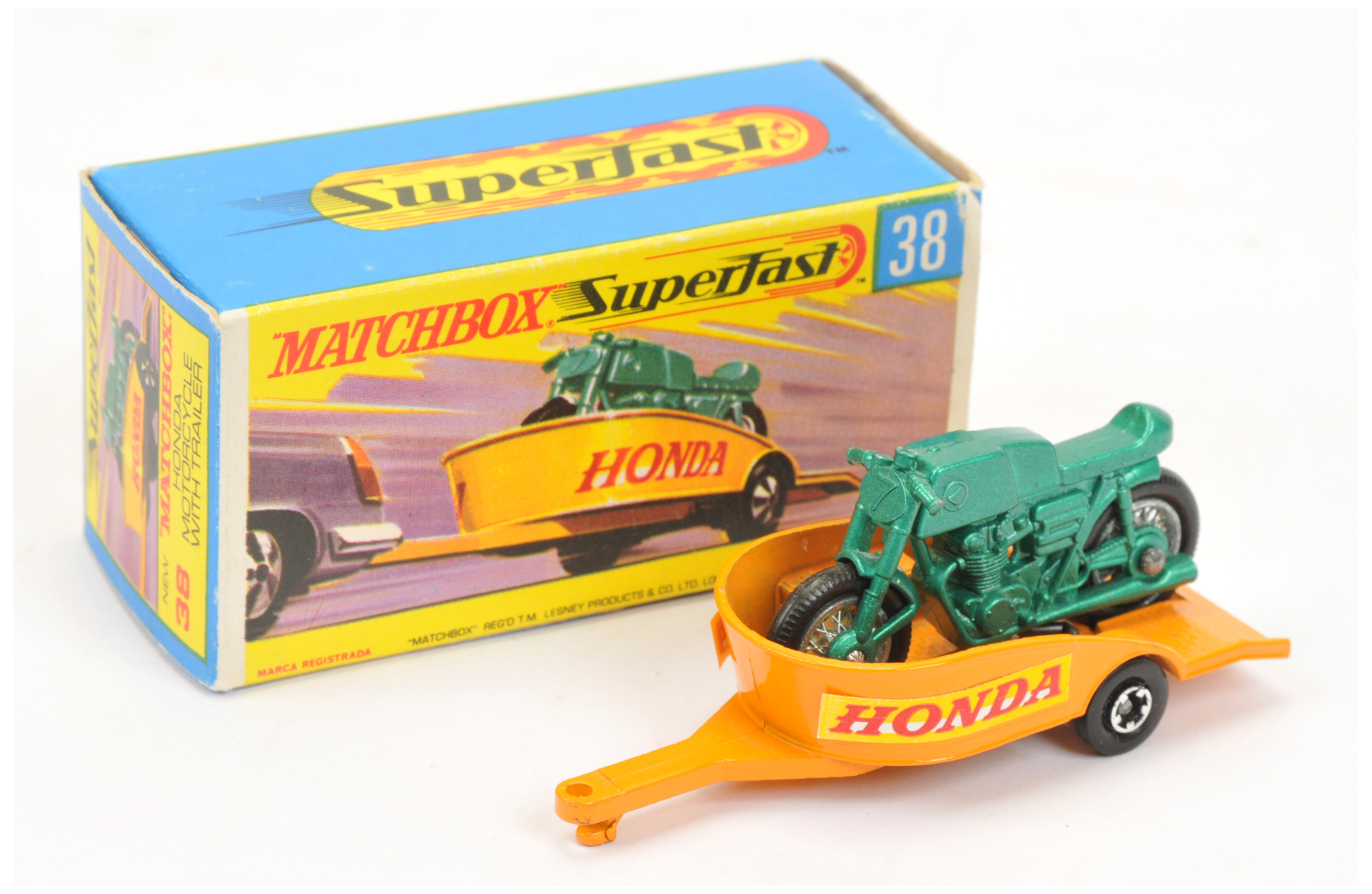 Matchbox Superfast 38a Honda Motorcycle & Trailer Twin Pack Issue - metallic emerald green motorc...