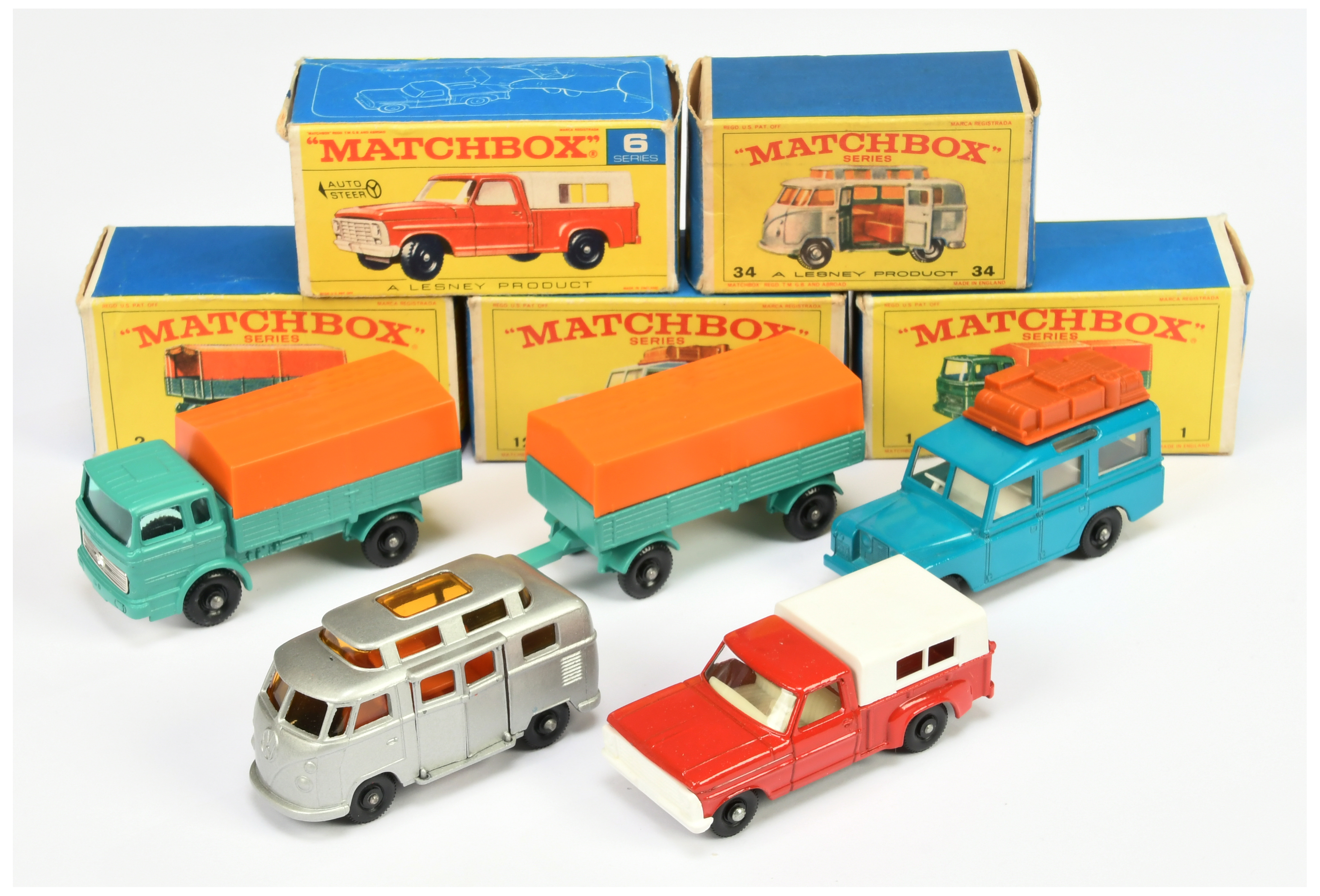 Matchbox Regular Wheels group (1) 1e Mercedes LP Covered Truck; (2) 2d Mercedes LP Covered Traile...